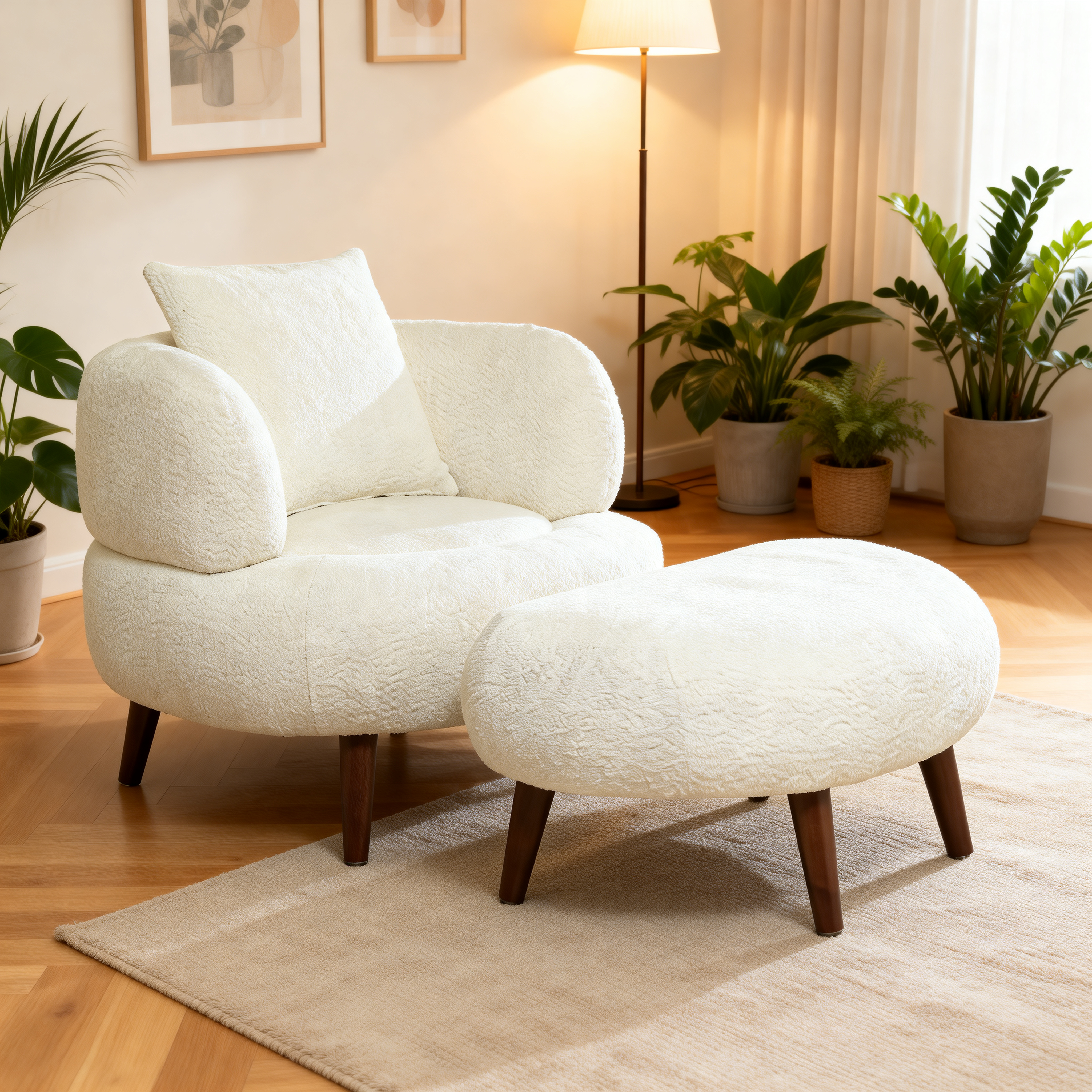 Fauteuil club chenille 36 po, coussin ottomane, blanc