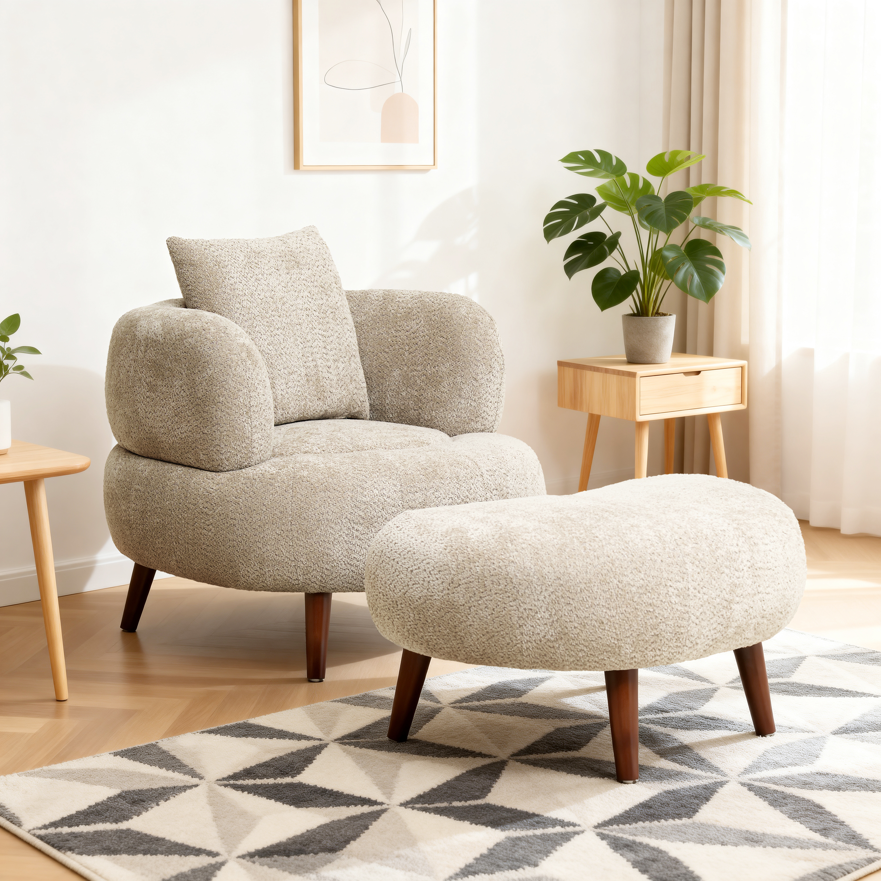 Fauteuil club chenille 36 po, coussin ottomane, chameau