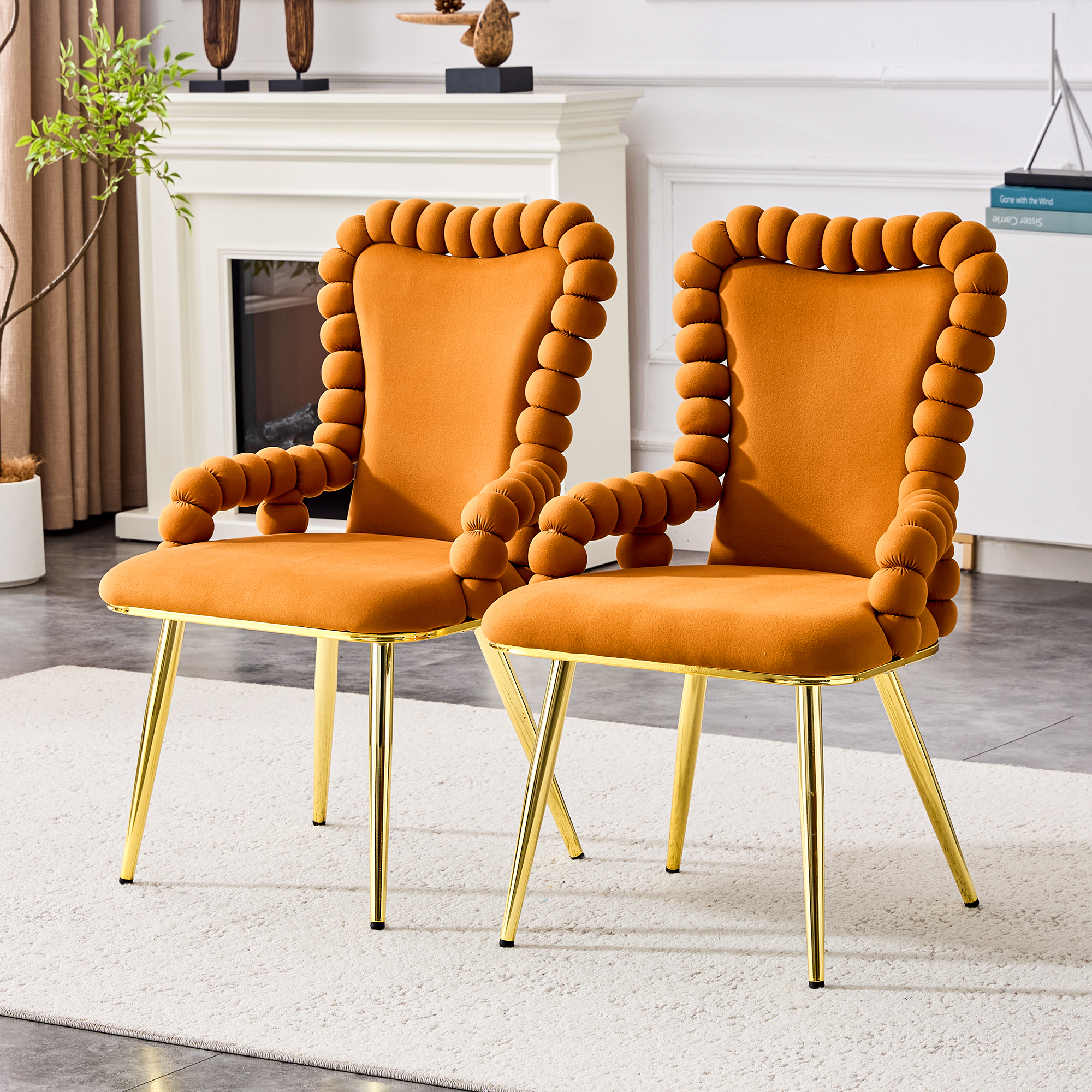 Chaises bulle orange velours pieds dorés, lot 2