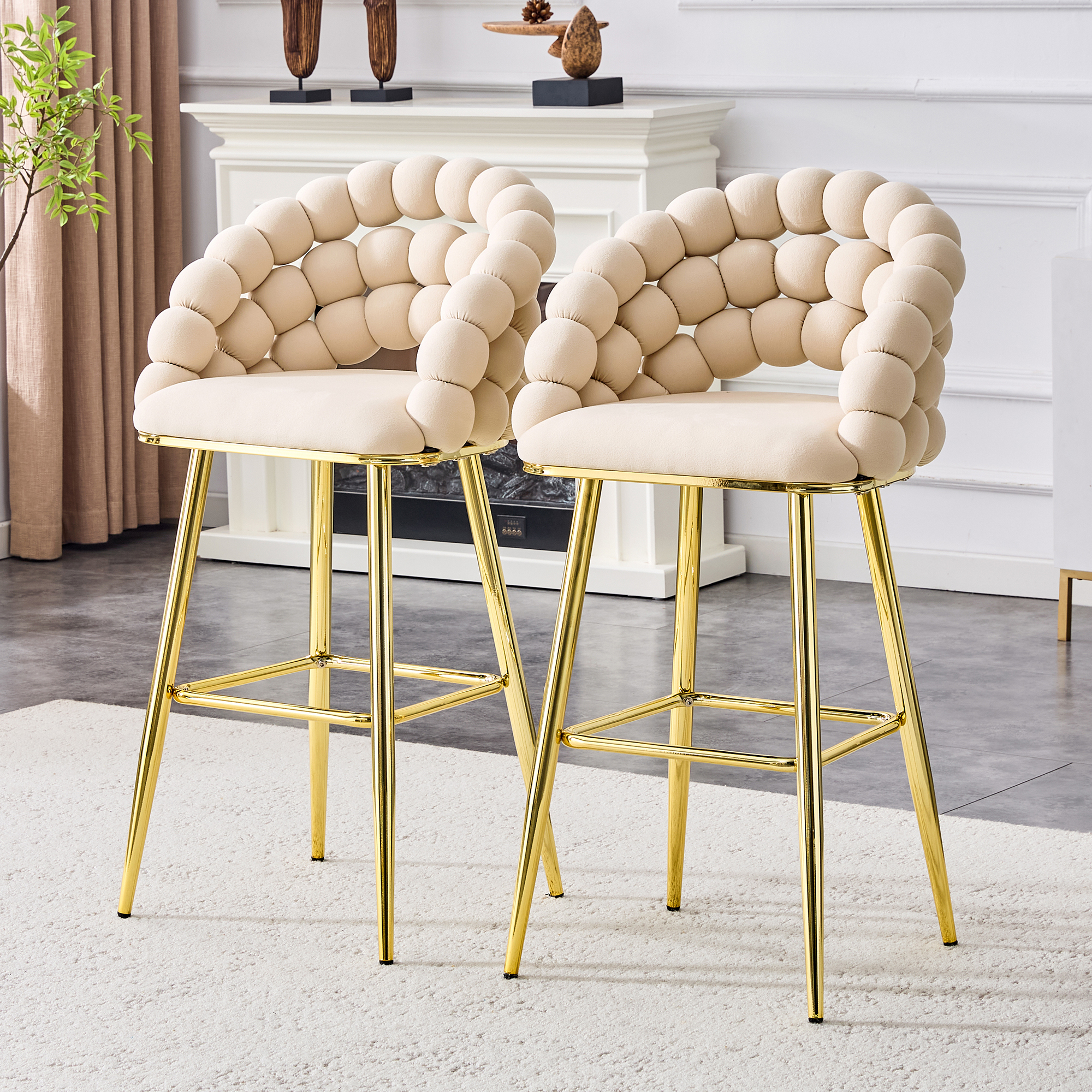 Ens. 2 chaises barre velours bulle beige, jambes or
