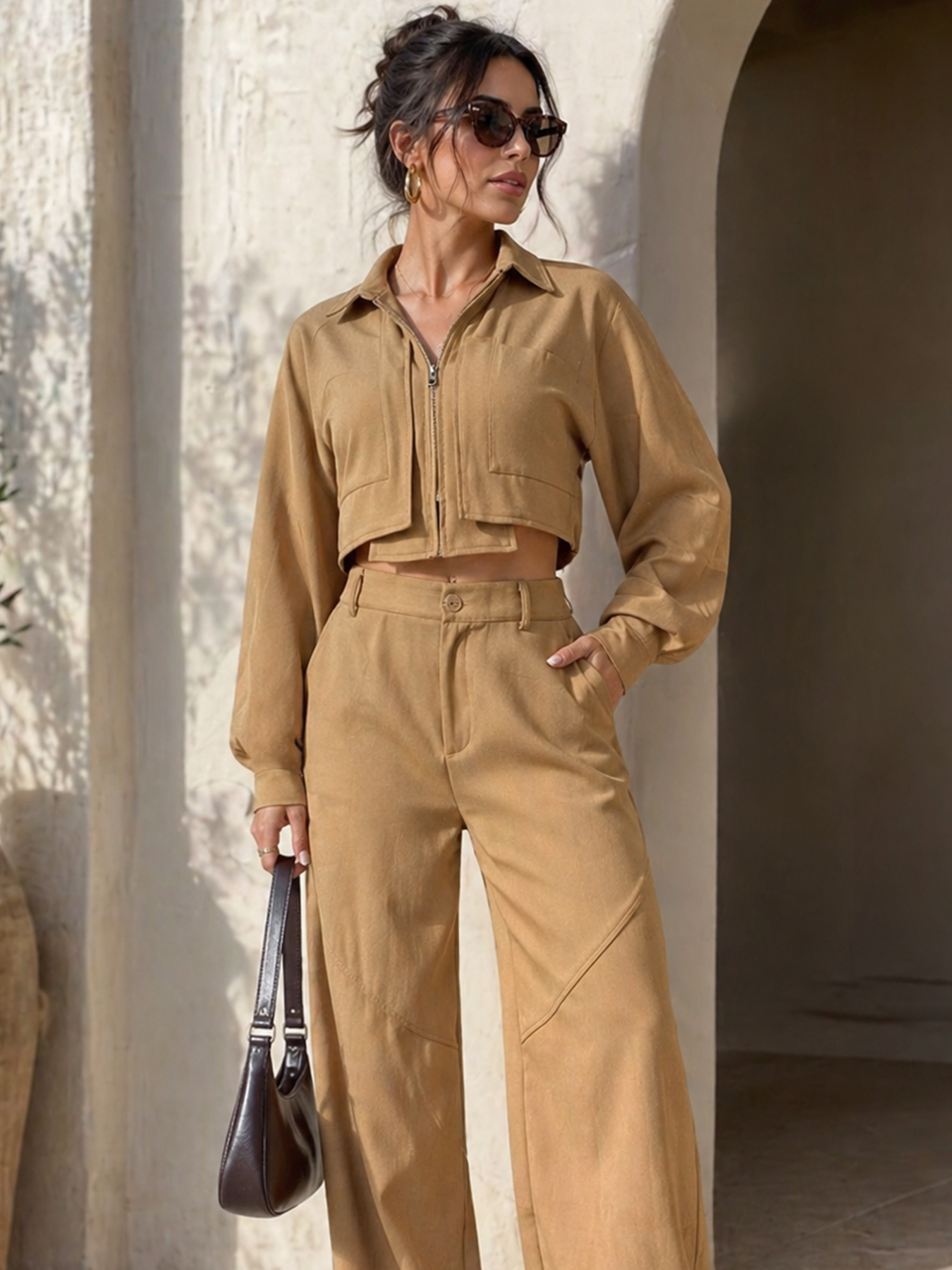 Ensemble 2 pièces femme crop top zippé pantalon ample