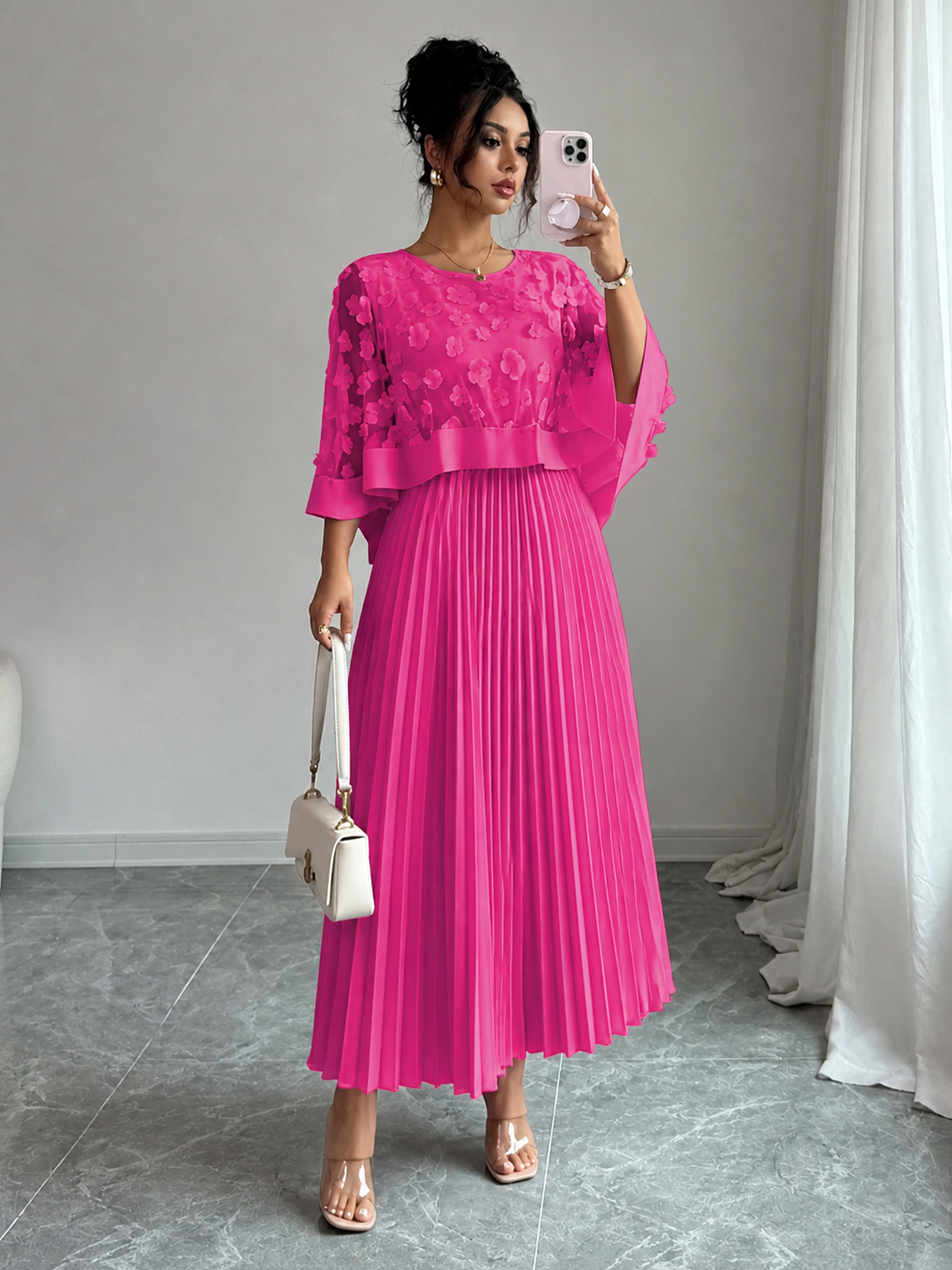 Robe trapèze plissée avec panneaux résille, vacances/été, femme