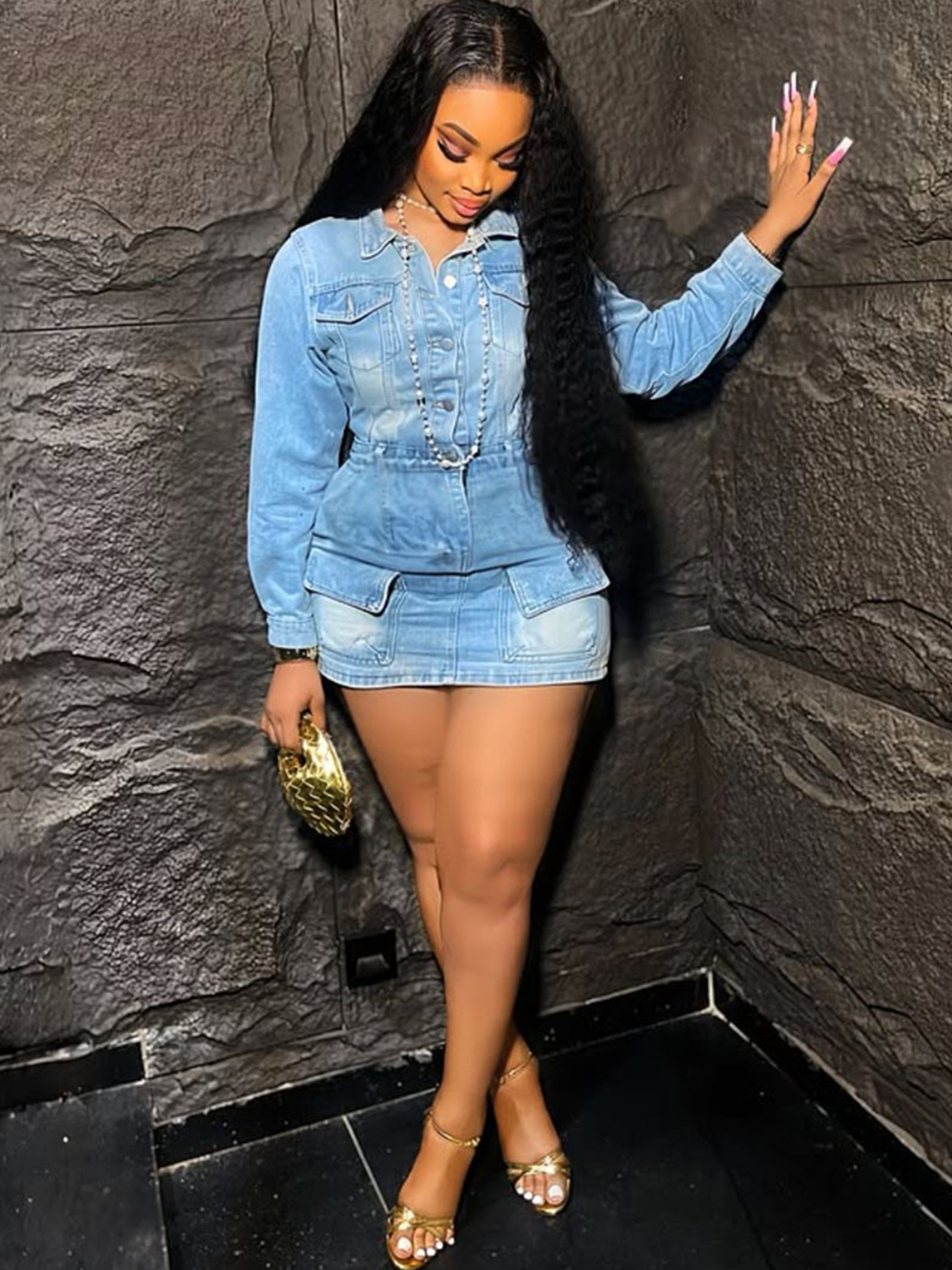 Robe denim femme taille haute, design rehausseur fesses