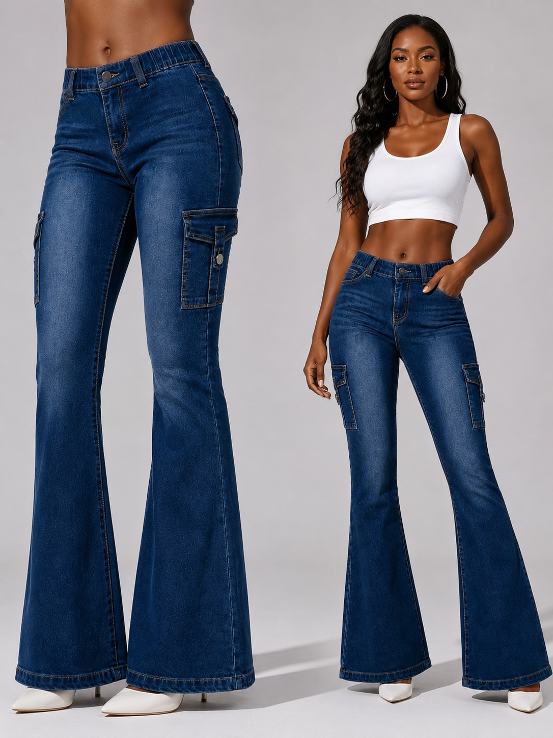 Jean cargo évasé Y2K femme, stretch vintage