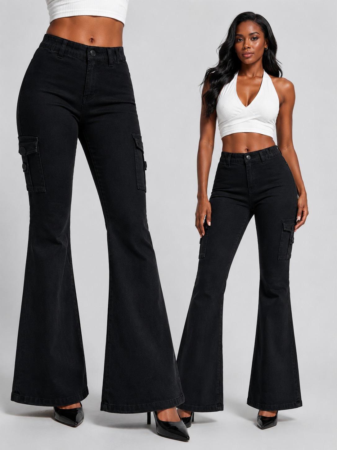 Jean cargo évasé Y2K femme, stretch vintage