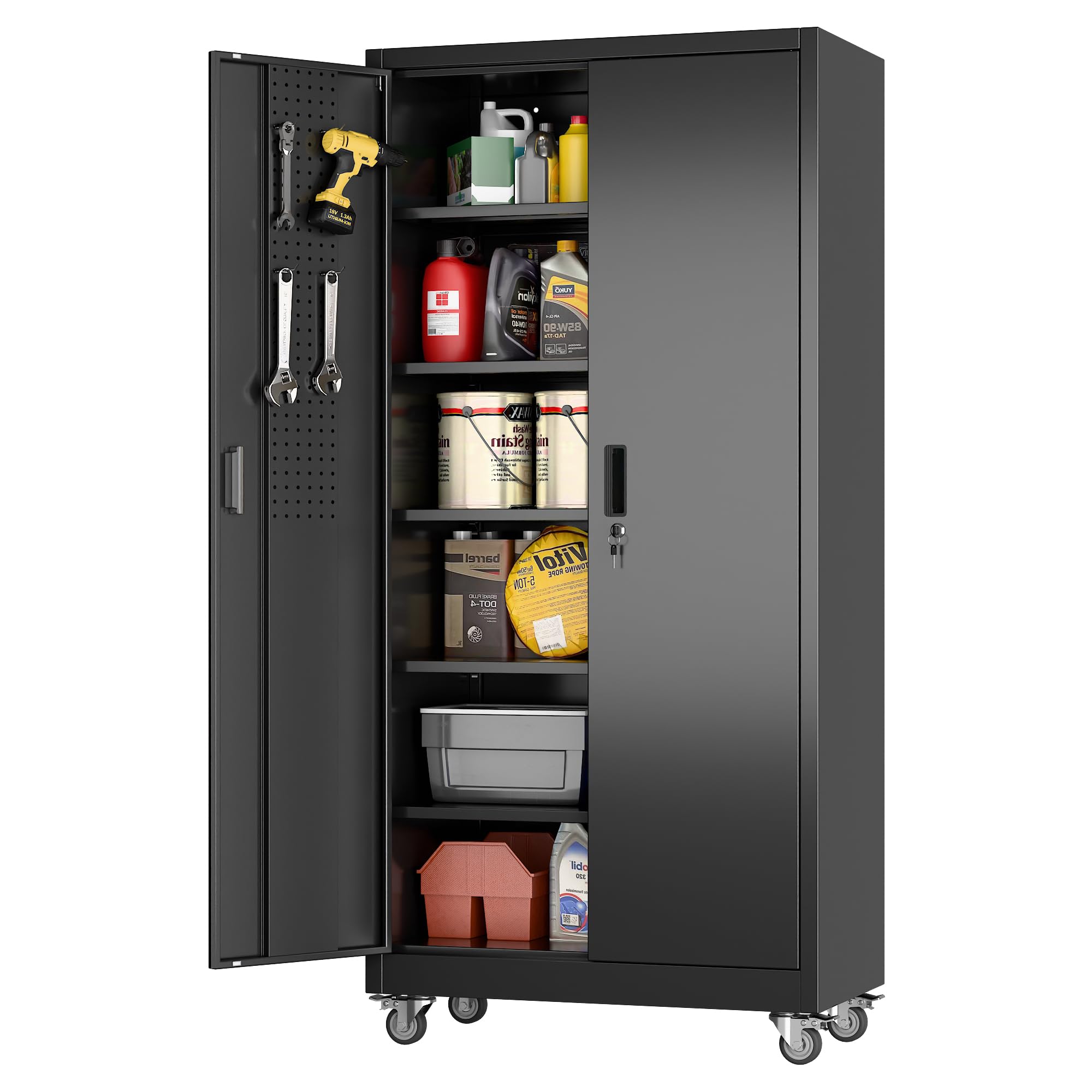 Aobabo Armoire rangement garage métal à roulettes, 5 tablettes