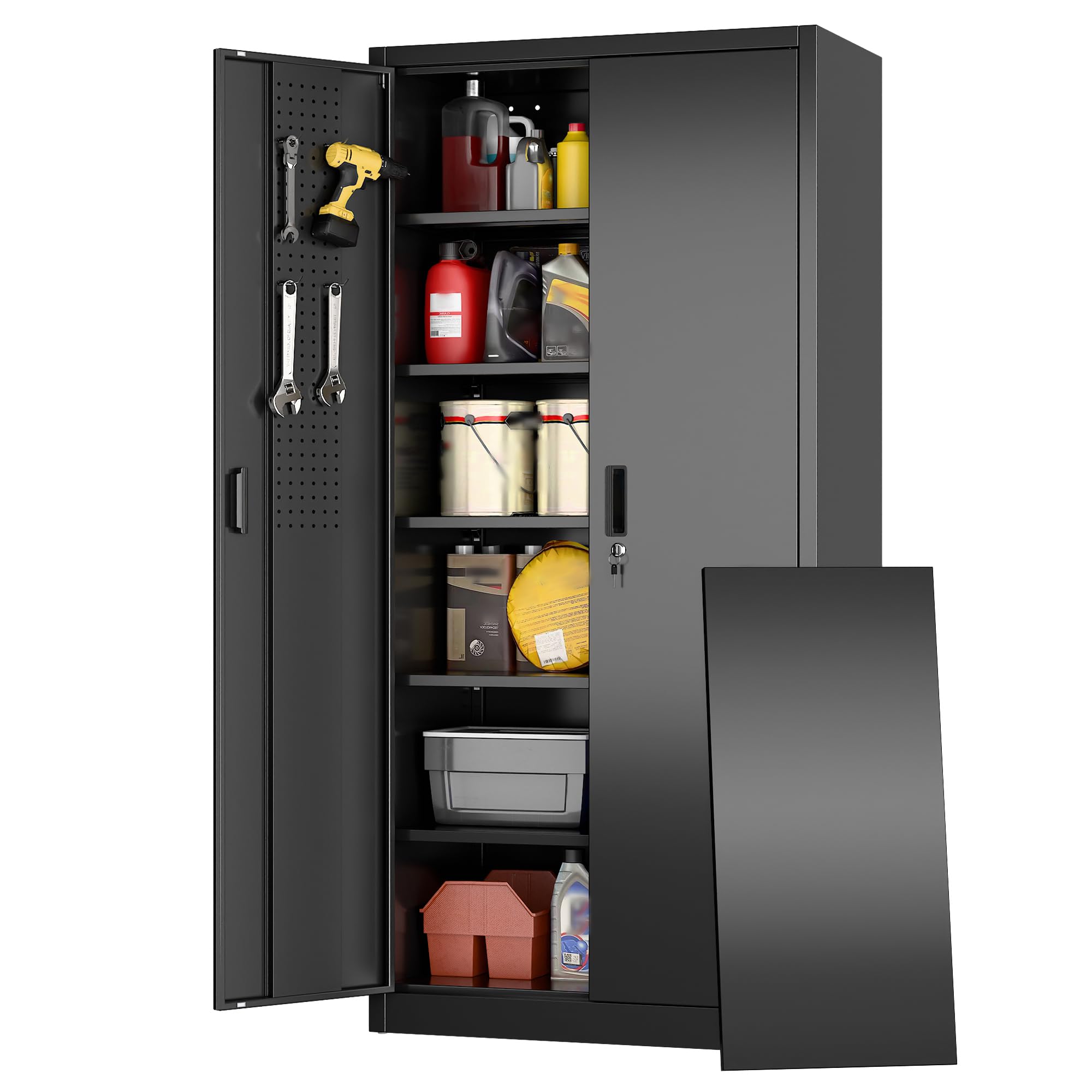Armoire rangement garage 5 tablettes, serrure, noir