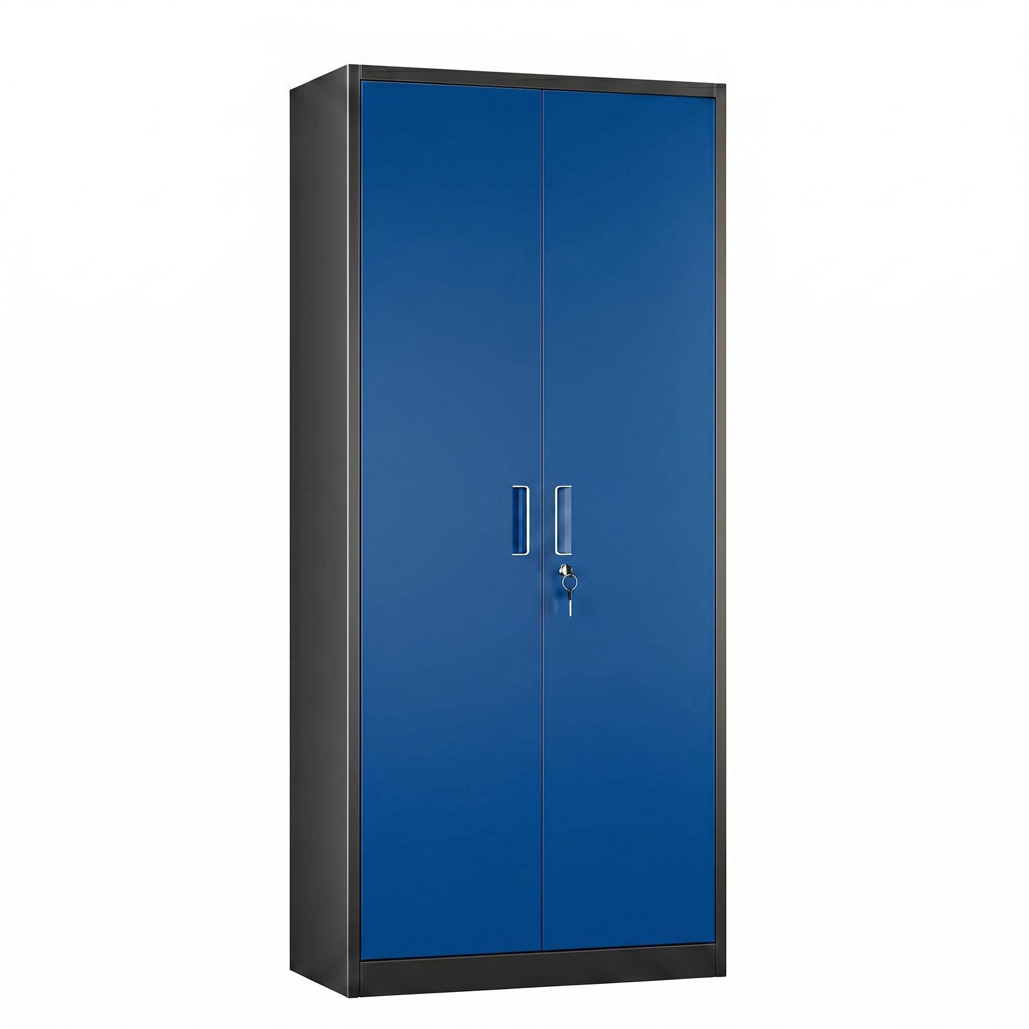 Armoire rangement acier verouillée noire bleue, 4 tablettes ajustables