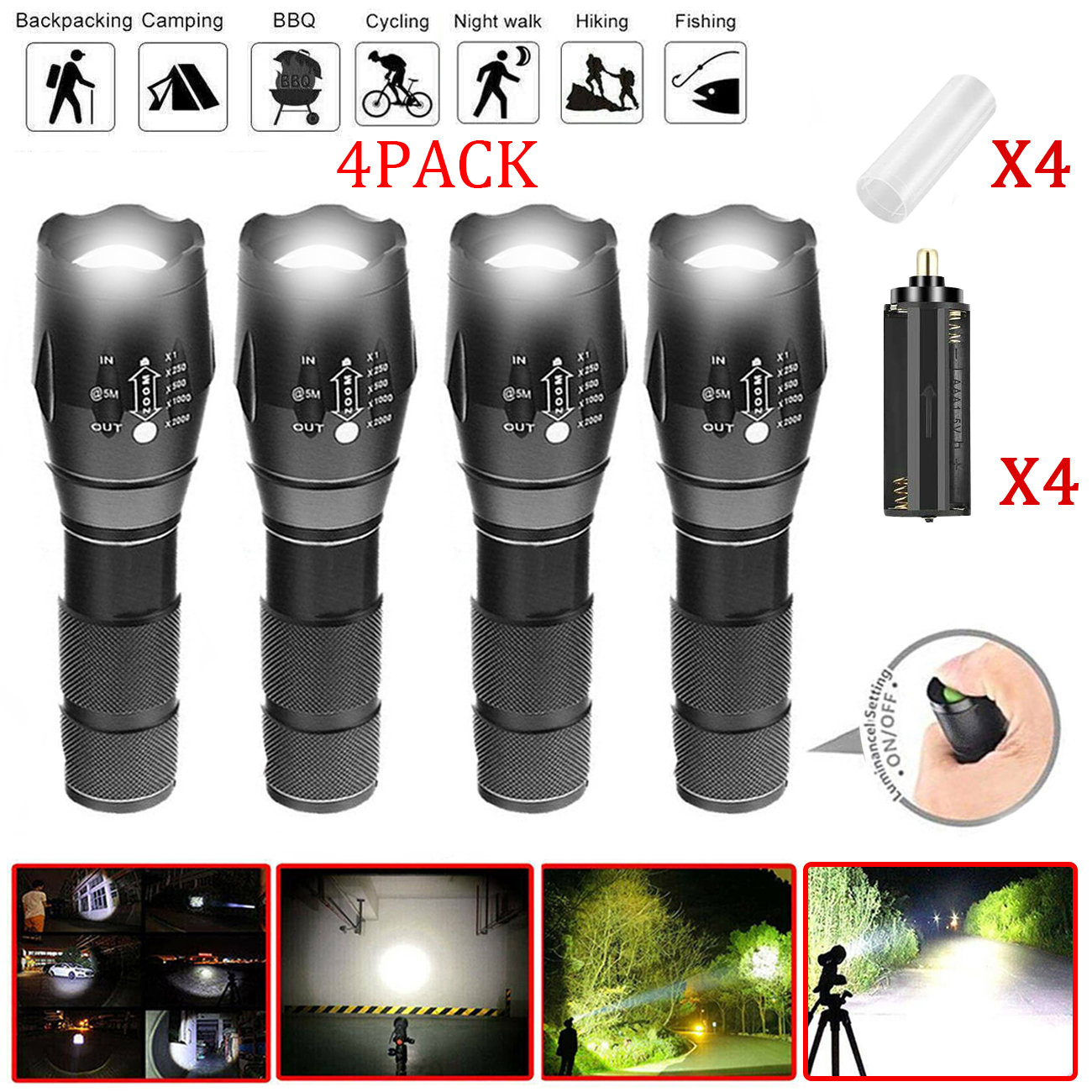Lampe de poche LED 4 packs haute puissance, torche camping lumière brillante