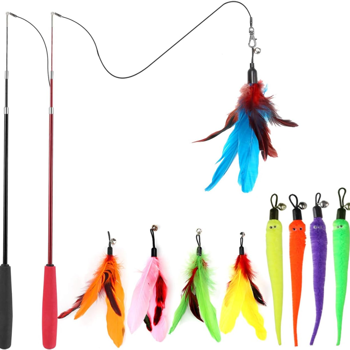 Jouets chat intérieur 2 bâton rétractable 9 plumes