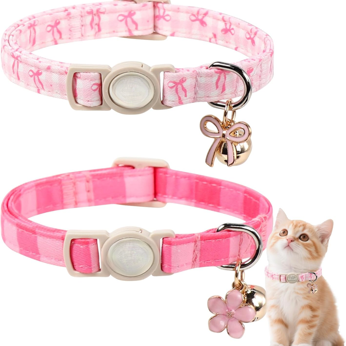 Lot 2 colliers chat rose printemps avec clochette et nœud