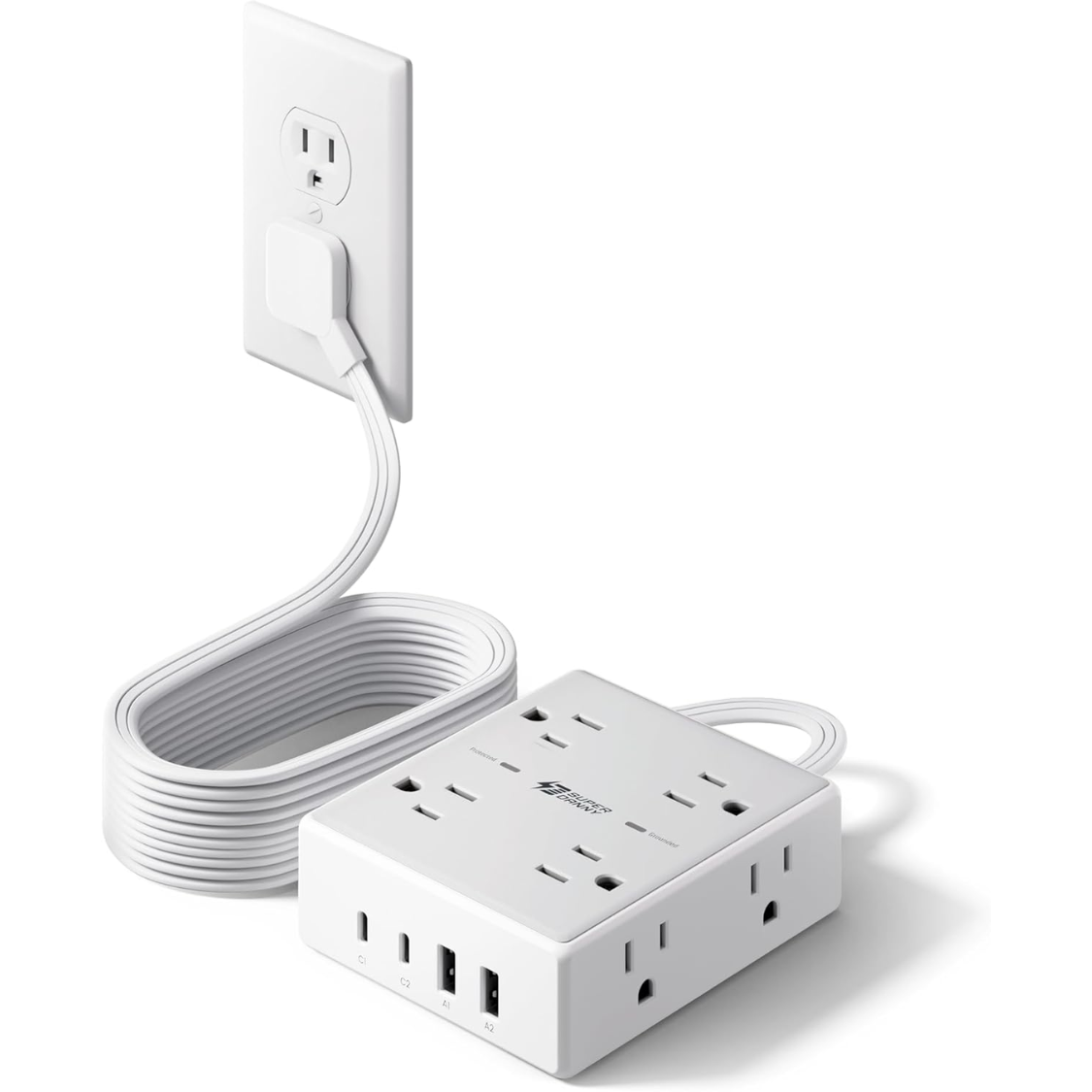 Rallonge 10pi, 8 prises, 4 USB, parasurtenseur, prise plate
