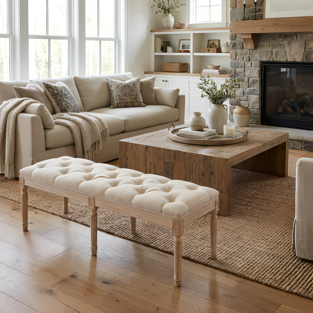 Banc chambres 47,2po tuftée lin pieds distressés
