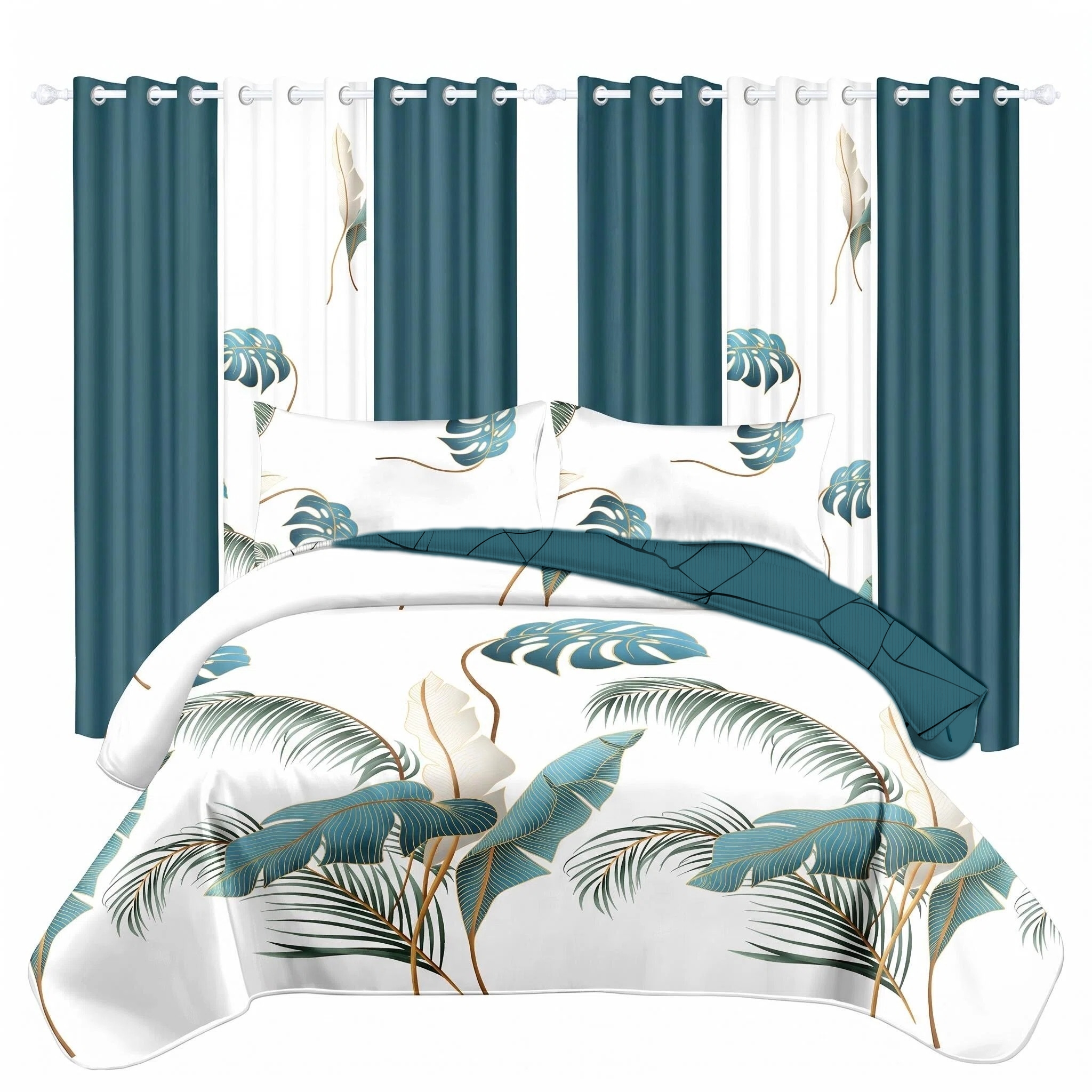Ensemble courtepointe tropical 9 pièces rideau feuille palmier