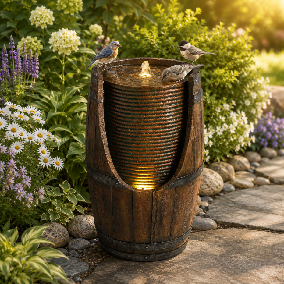 Fontaine tonneau bois résine cascades lumières