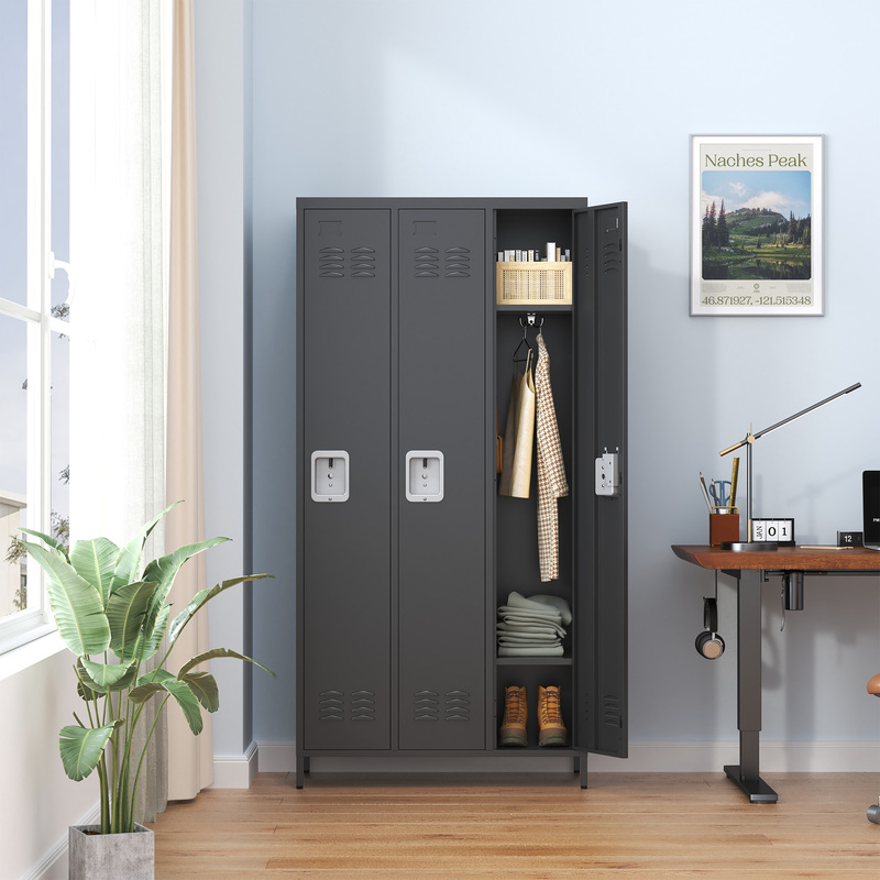 Casier acier 3 portes 72 po verrous, rangement garage gris, noir
