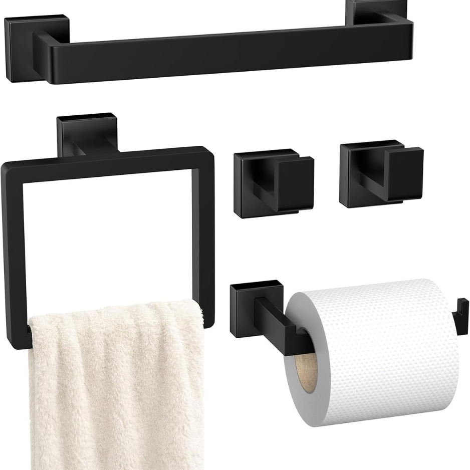 Ensemble 5 pièces accessoires salle bain noir mat acier inoxydable