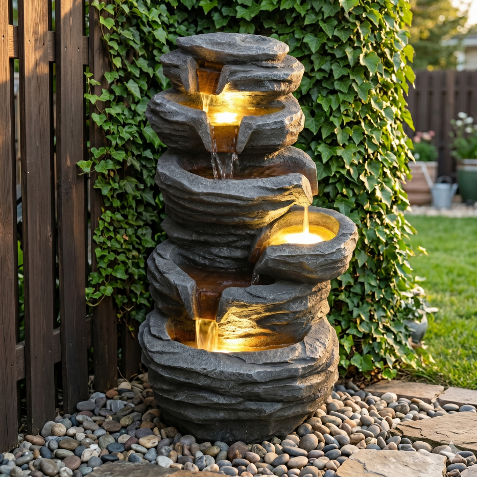 Fontaine cascade extérieure cascadante avec lumières, décor résine