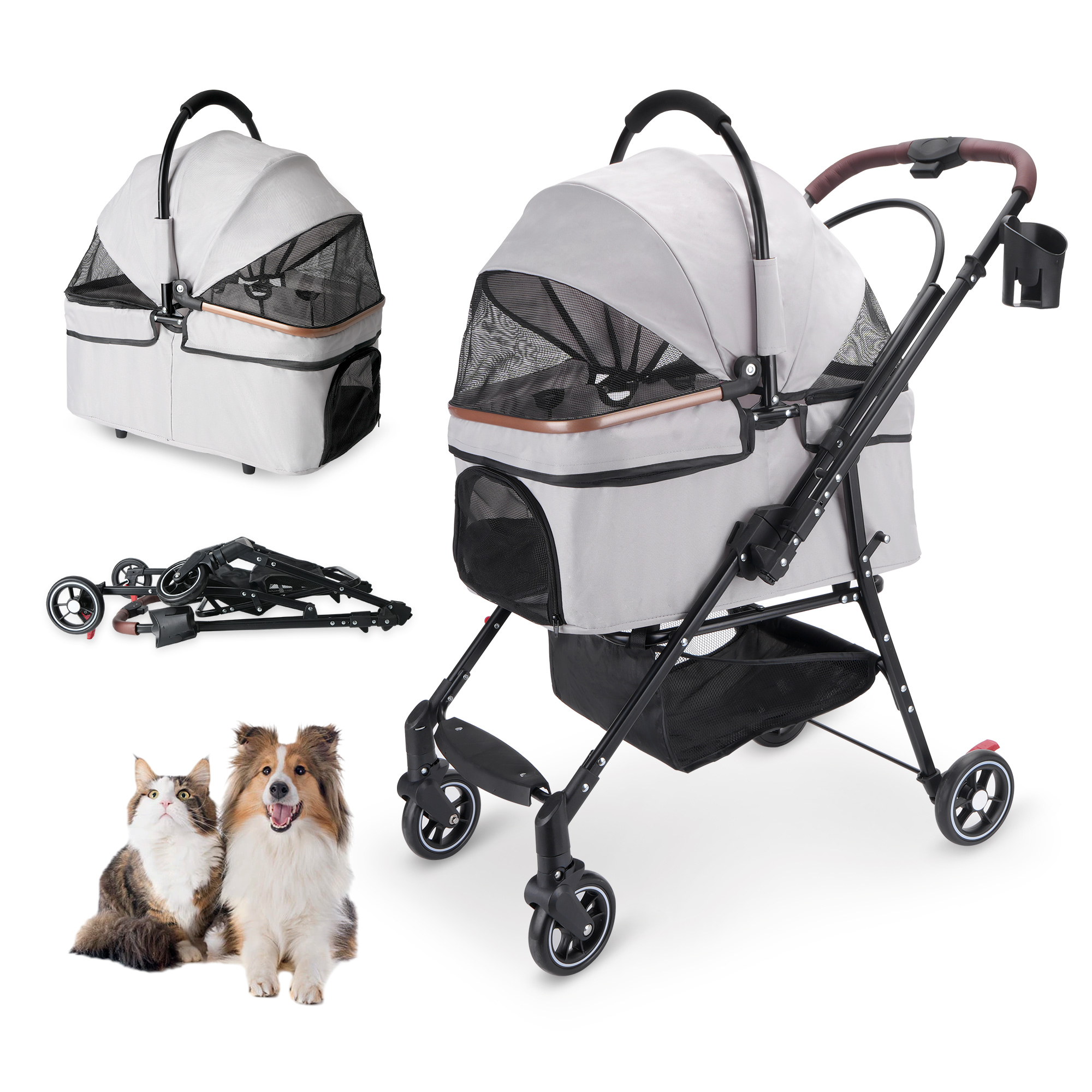 Poussette animal 4 roues chiens chats 360° rotatives, sac voyage