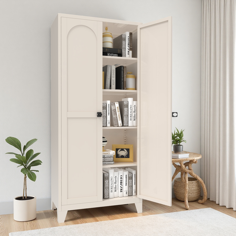 Armoire rangement 71po 2 portes verrou, tablettes, beige