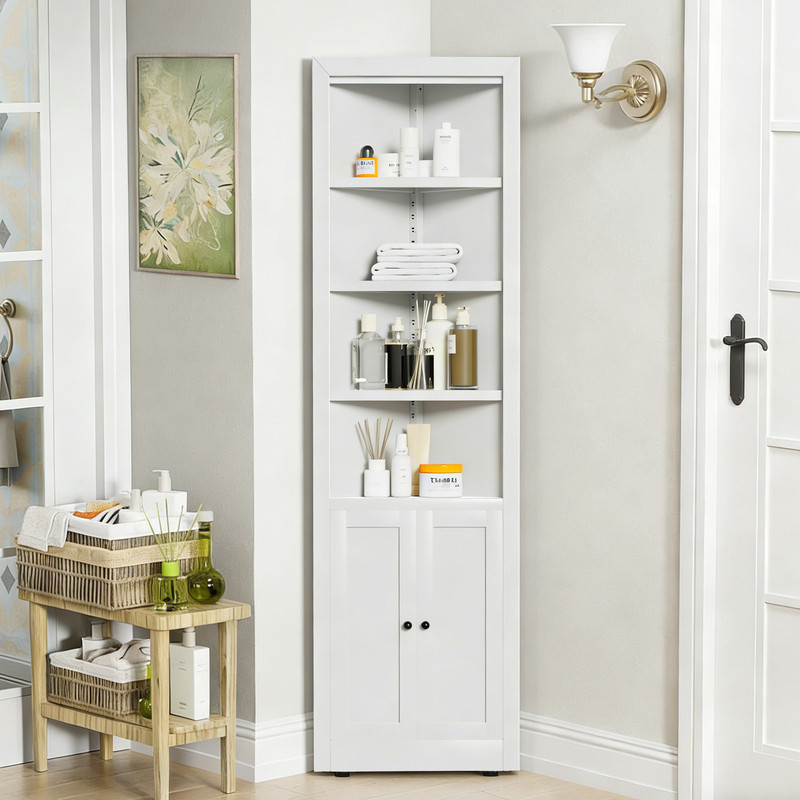 Armoire coin rangement blanc 71po, 2 portes, 5 tablettes