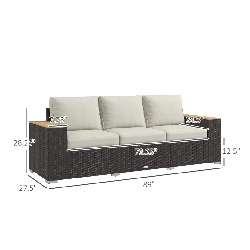 Sofa patio 3 places rotin PE coussin beige profond