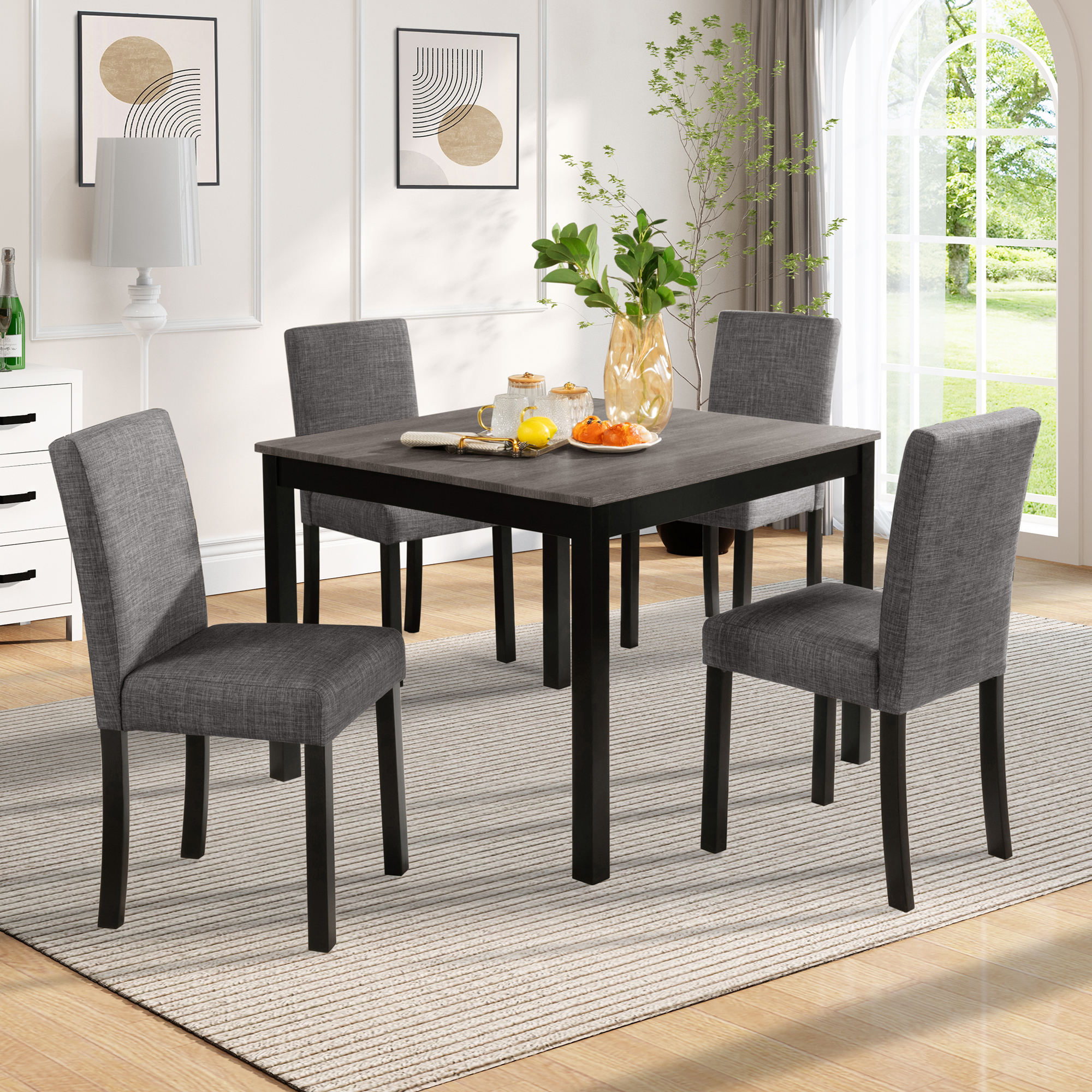 Ensemble table à manger 5 pièces gris/noir avec 4 chaises