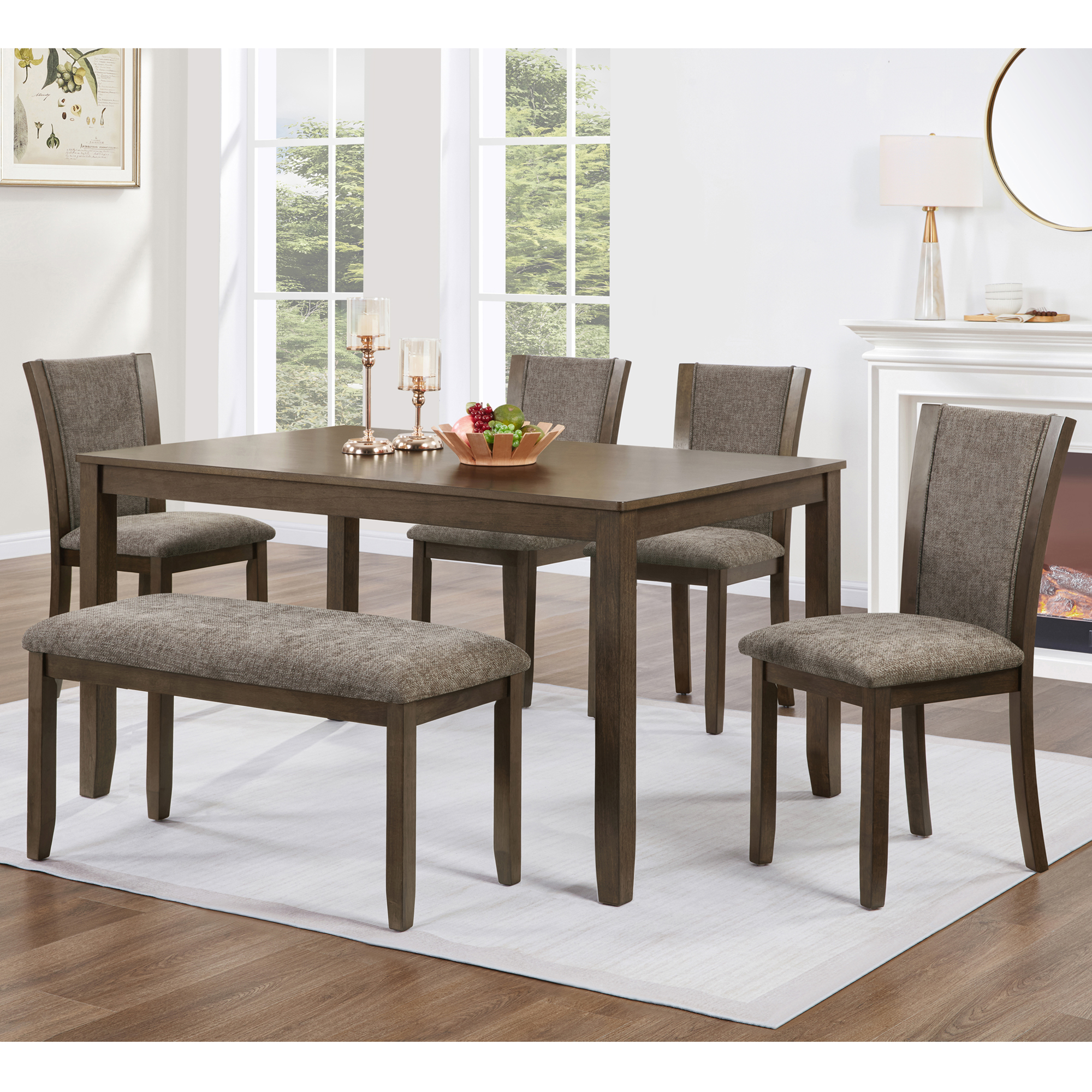 Ens table manger 6 pcs bois rustique ferme noyer foncé