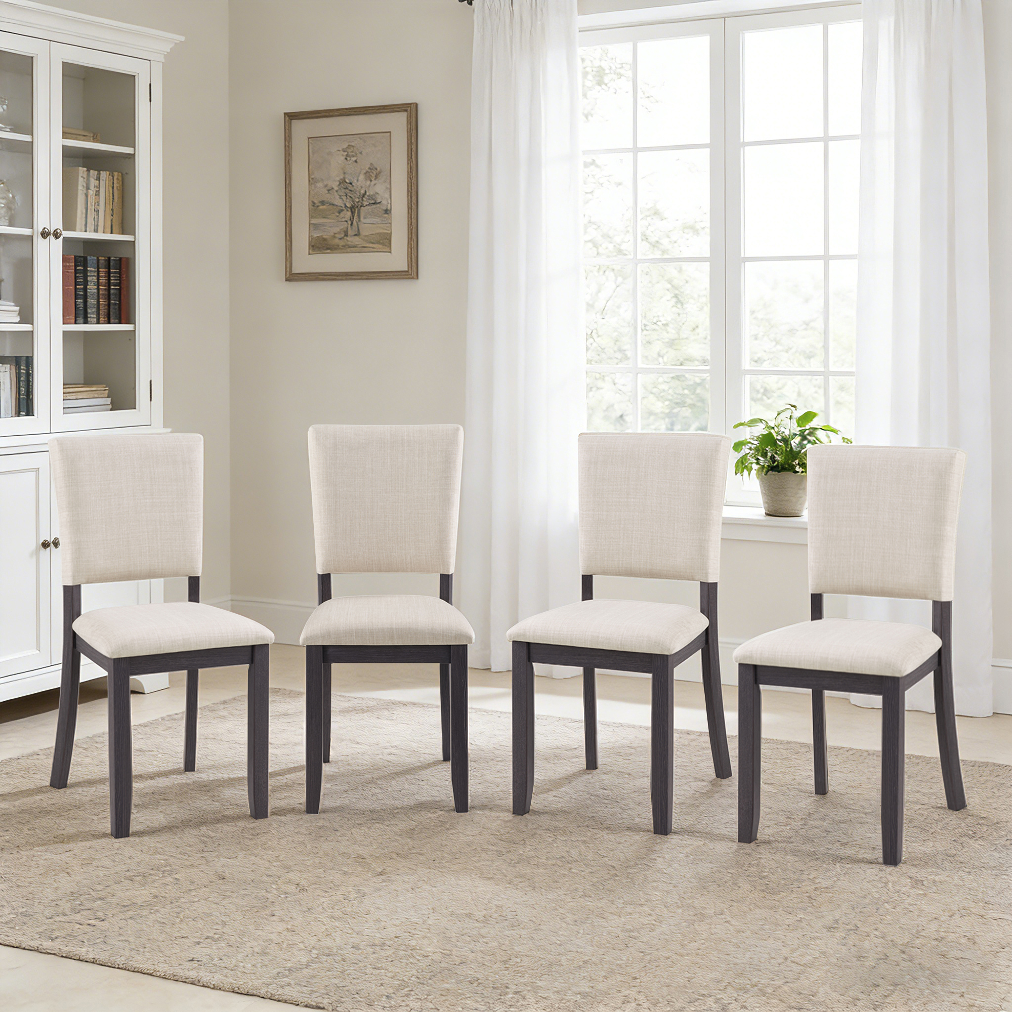 Chaises de salle à manger modernes, ensemble de 4, siège rembourré, noir et beige