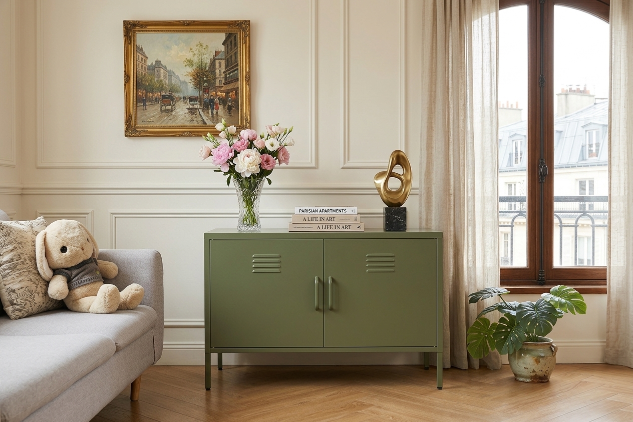 Armoire de rangement métal vert 2 portes avec jambes et ventilation