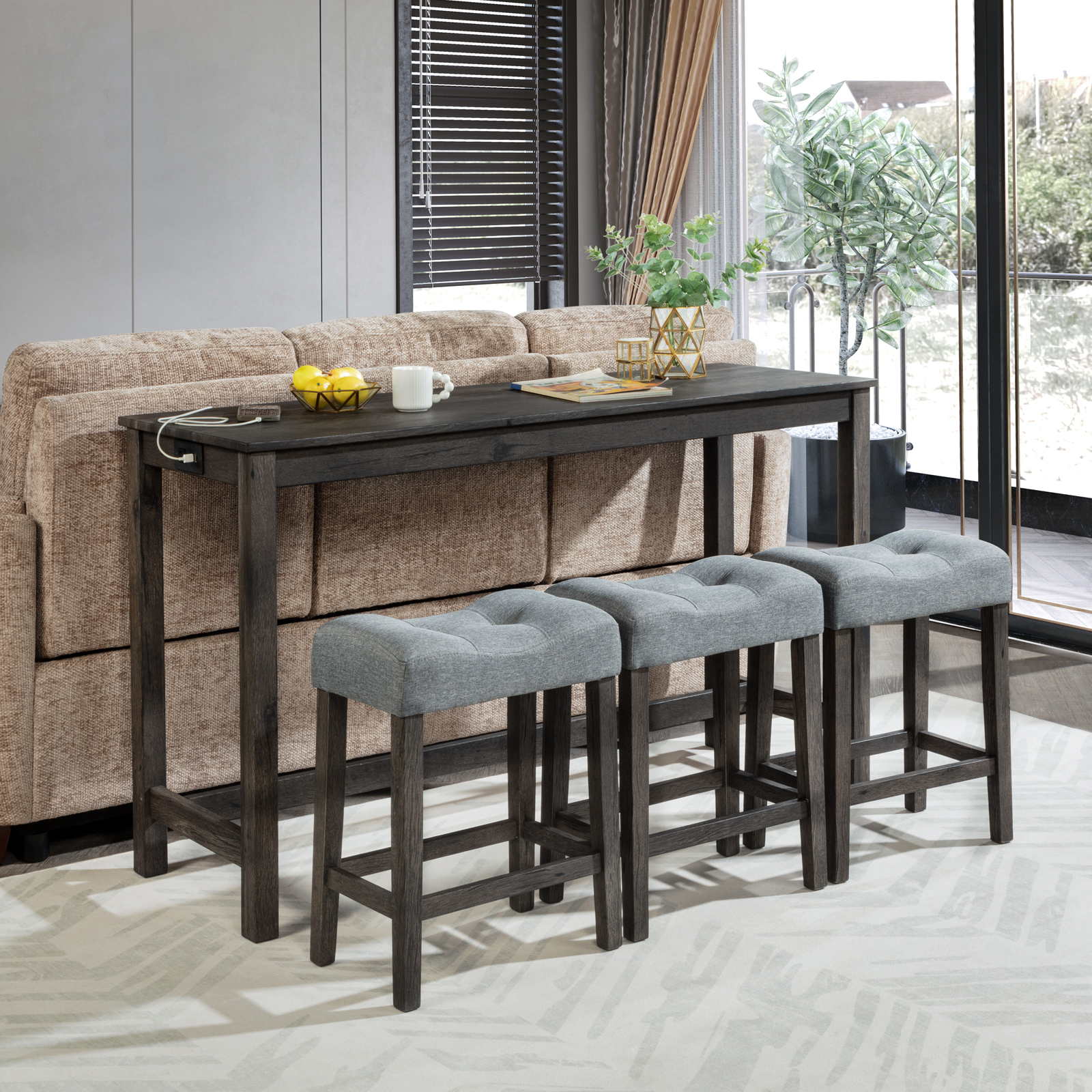 Ensemble table bar 4 mcx prise courant 3 tabourets rembourés gris