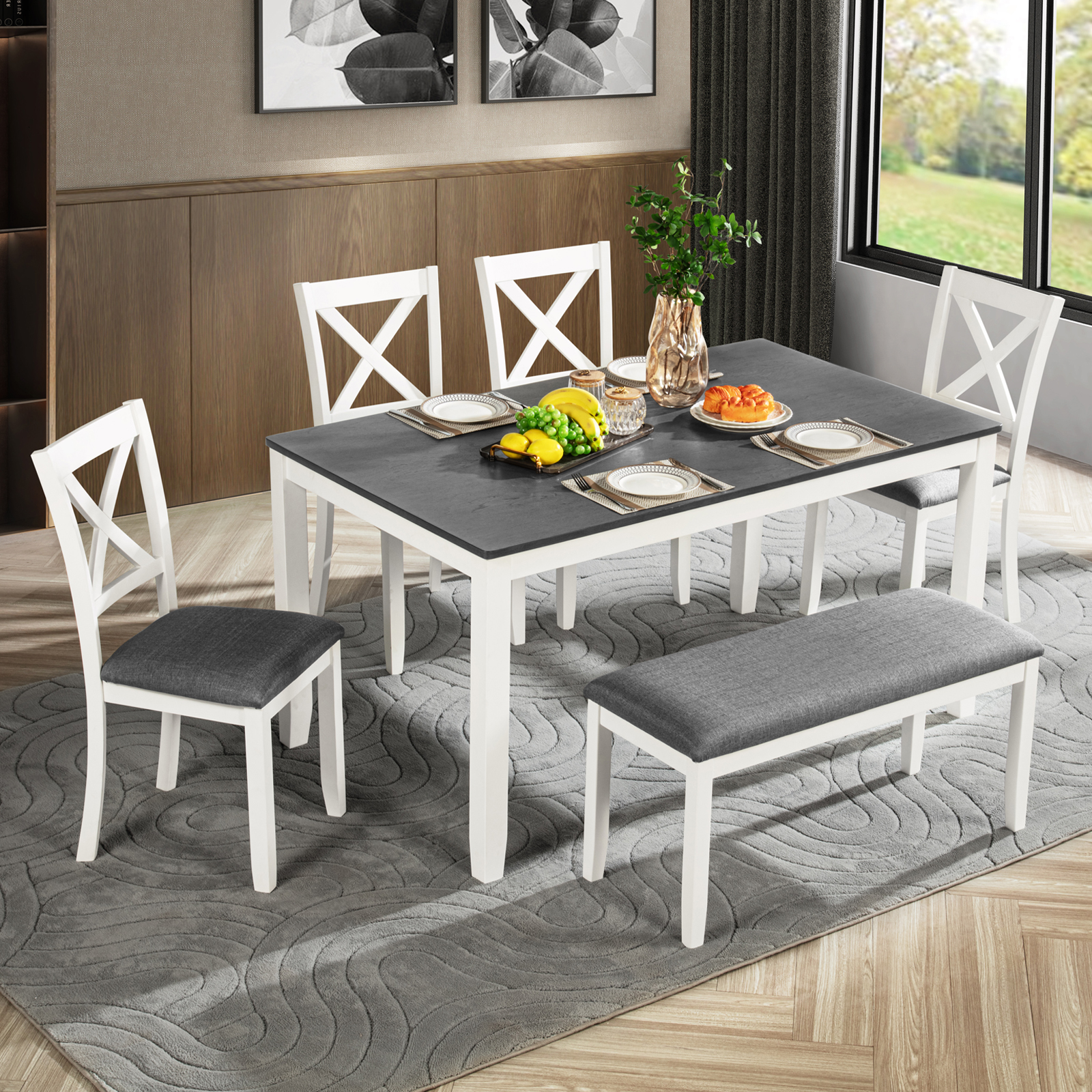 Table salle à manger 6 pièces banc gris blanc