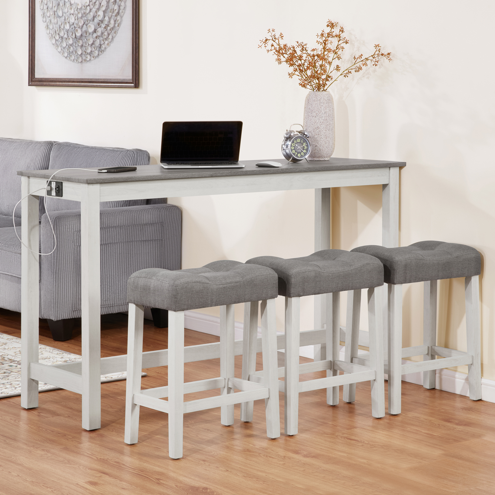 Ensemble table bar 4 mcx prise courant 3 tabourets rembourés blanc gris