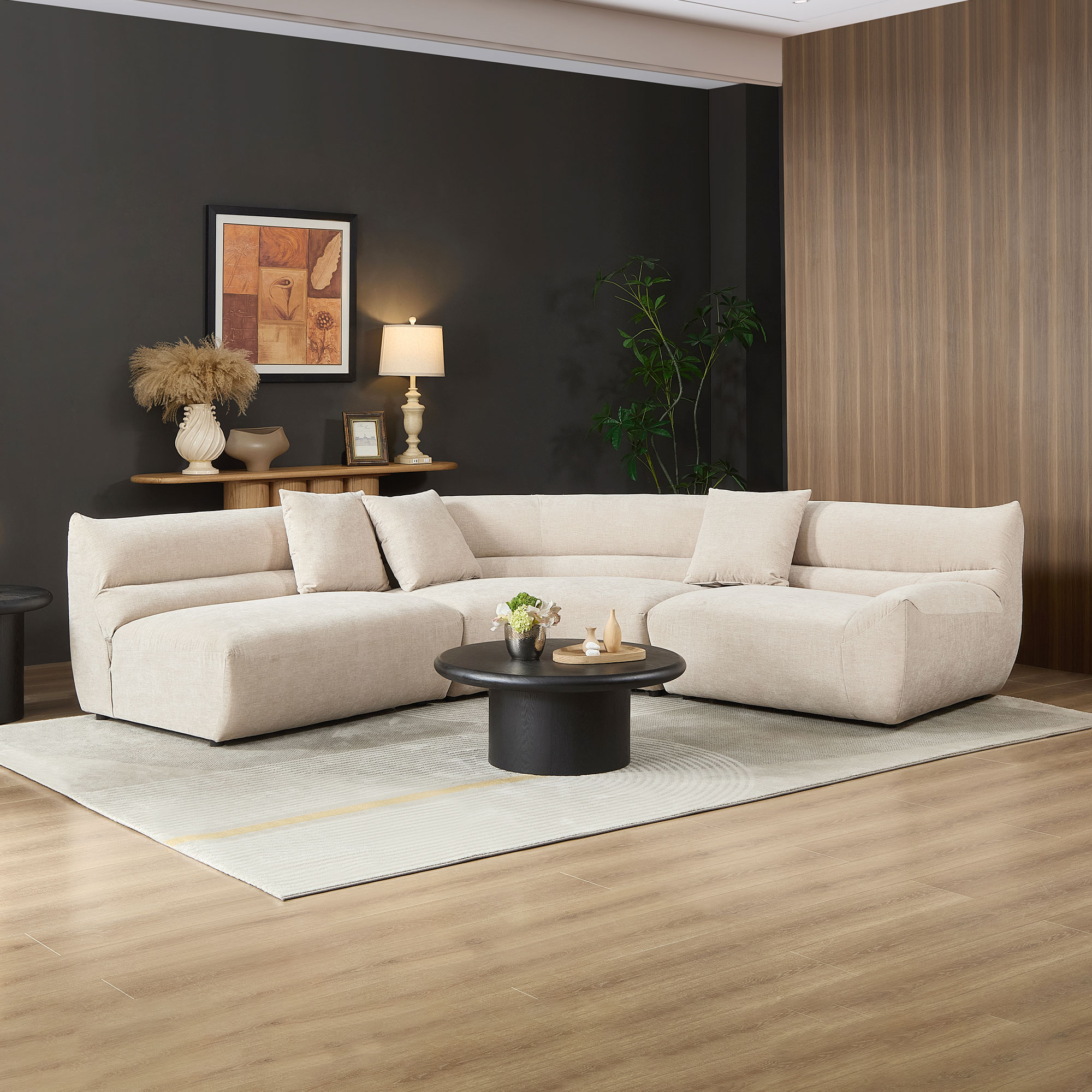 Canapé sectionnel courbe 3 pièces, 3 coussins, mousse
