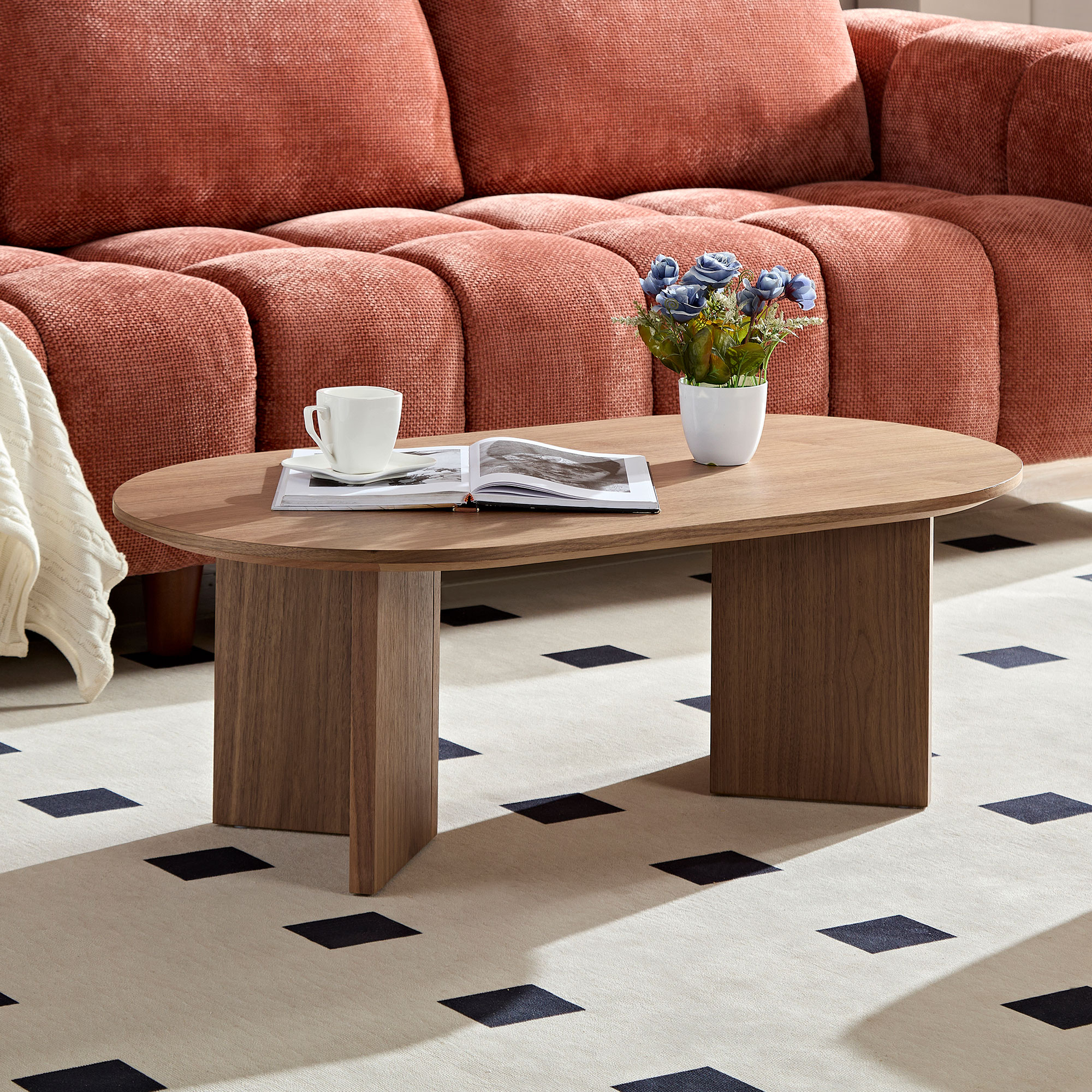 Table à café moderne 39,37 po, ovale MDF, piédestal, noyer