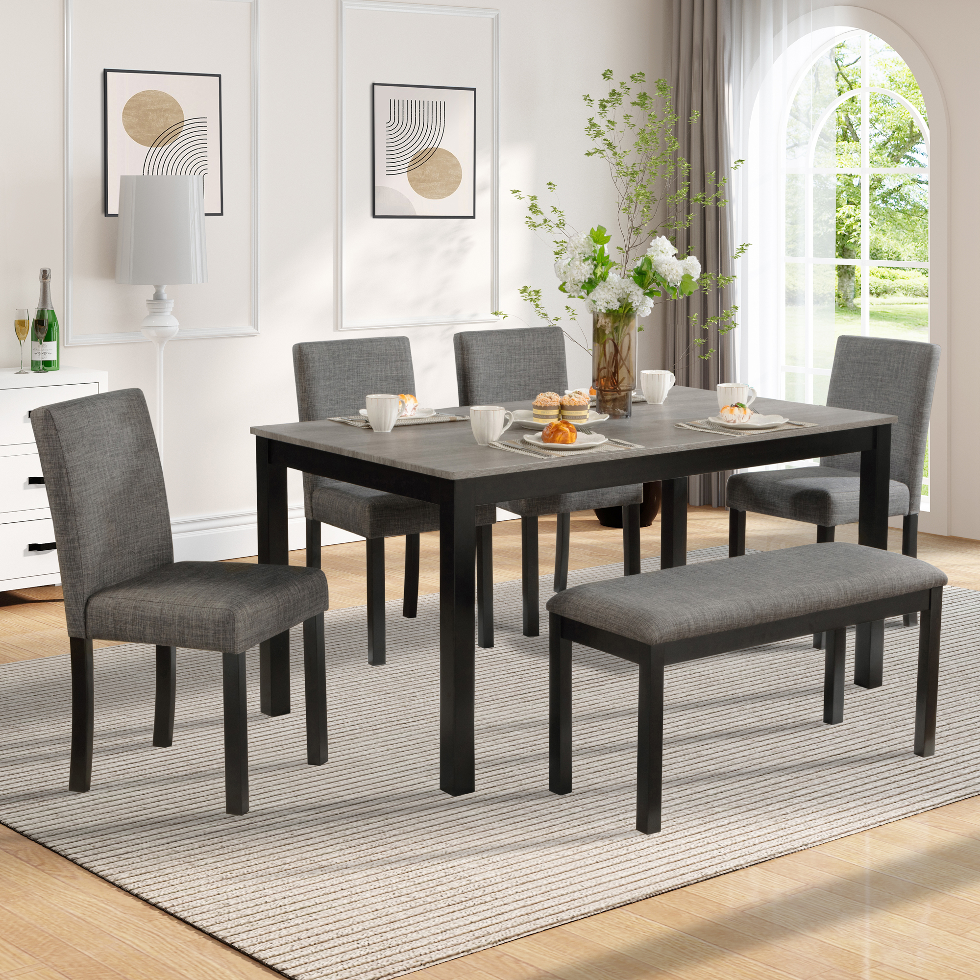 Ensemble salle à manger 6 pièces banc gris noir clair