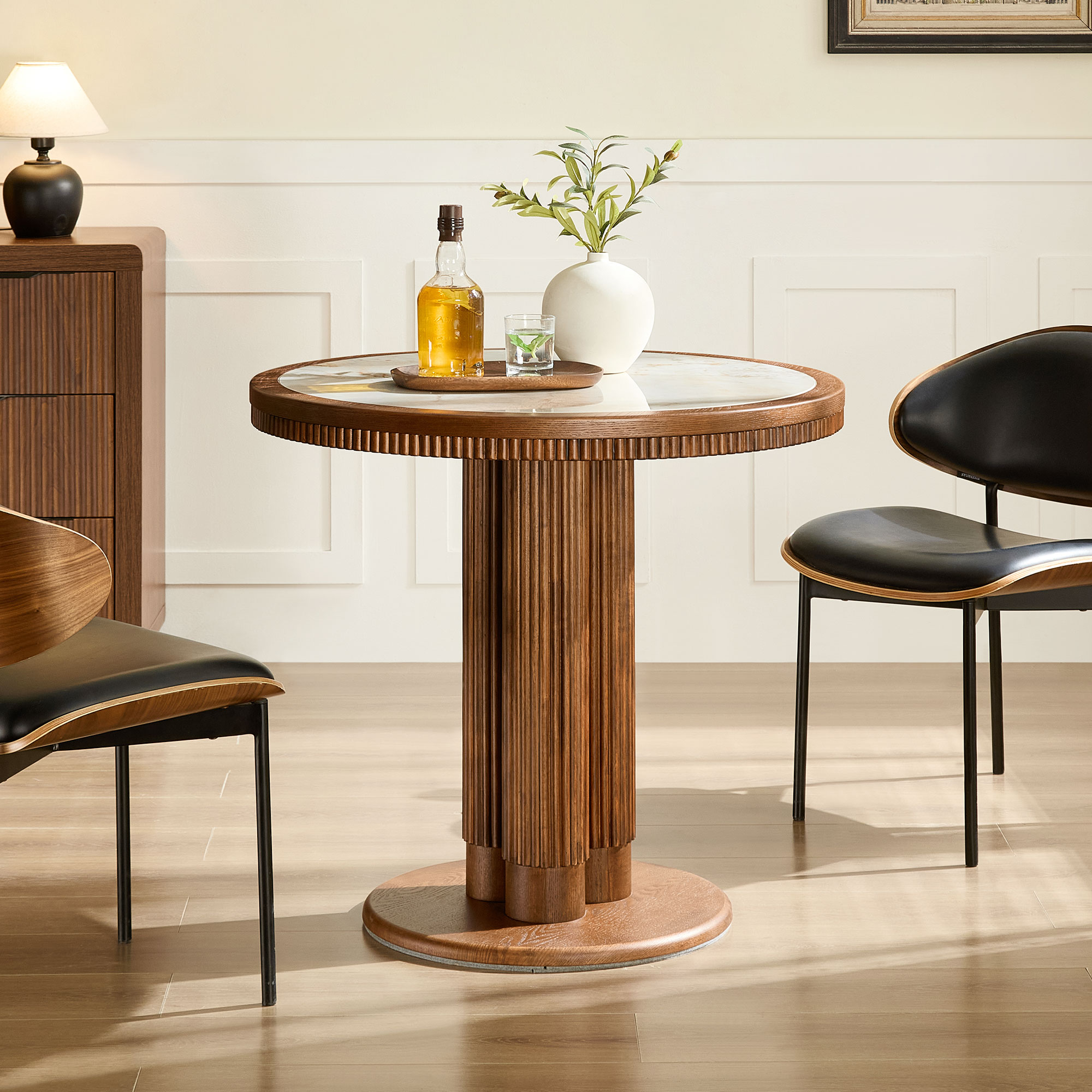 Table à manger ronde 33.07 po, pierre frittée 9mm, cadre bois MDF