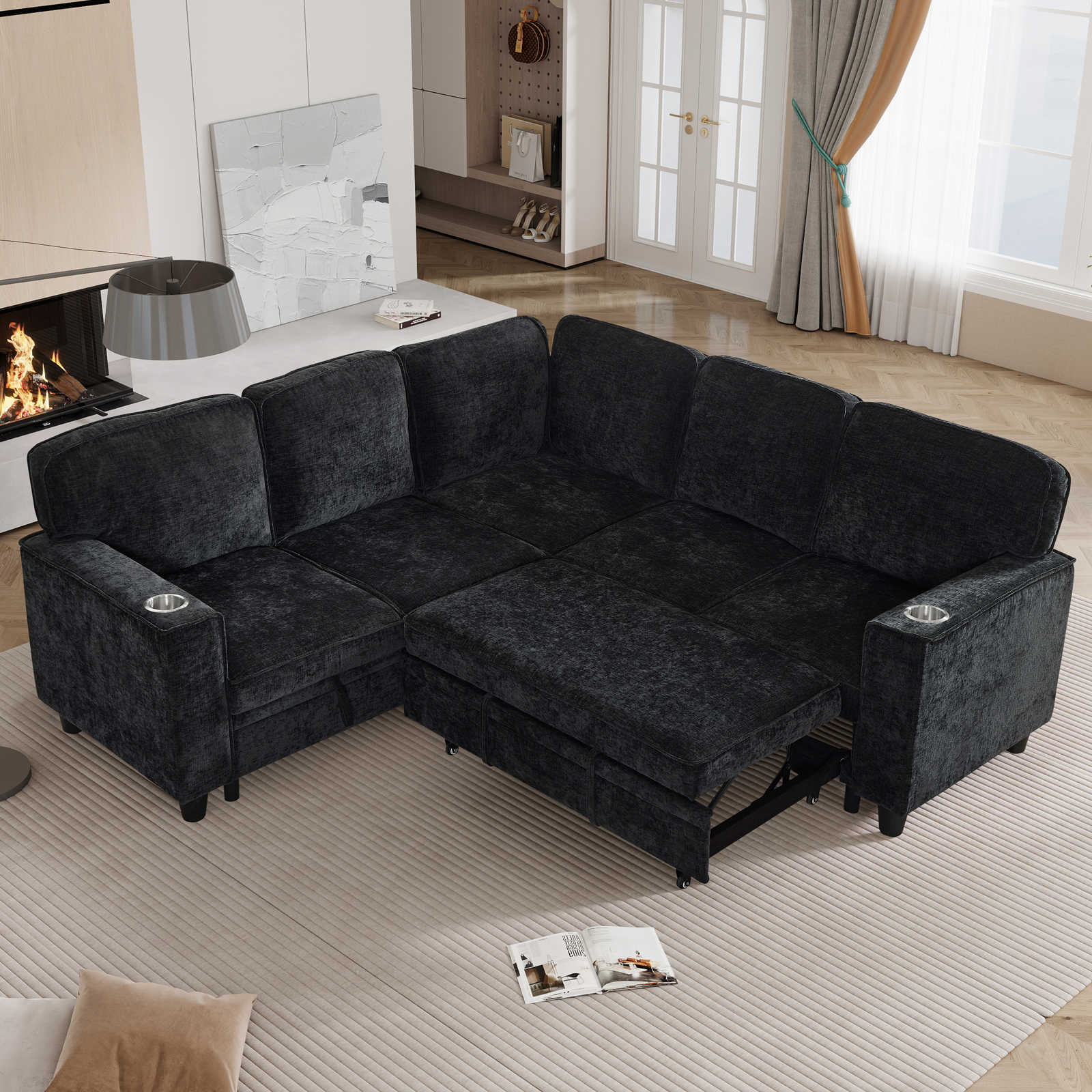 Sofa en L convertible, 5 places, USB, gris charbon
