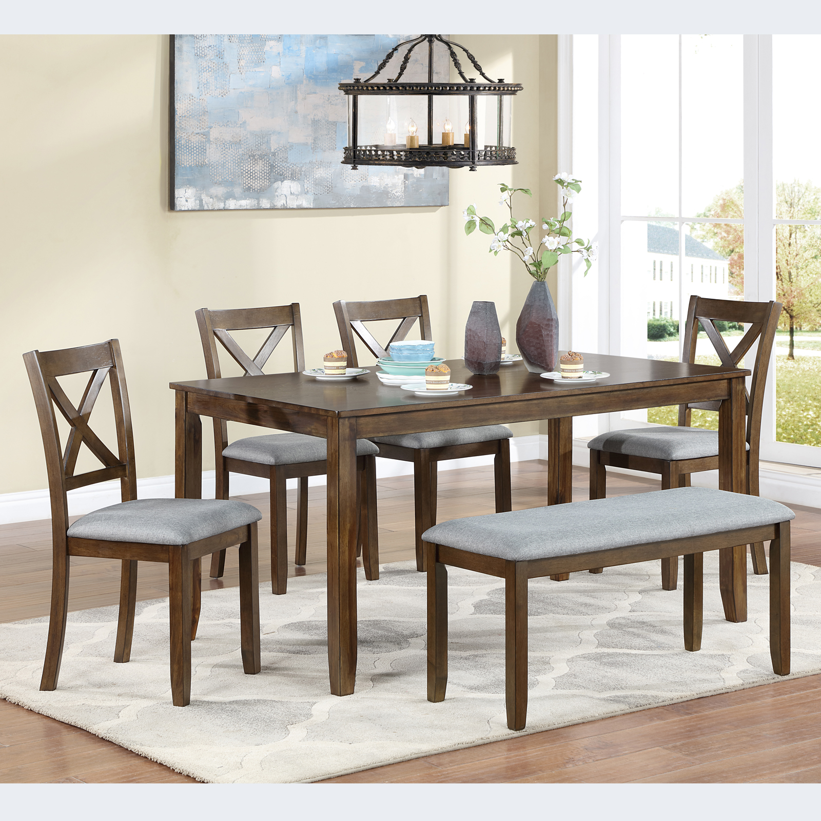 Ensemble salle à manger 6 personnes, table chaises banc noyer
