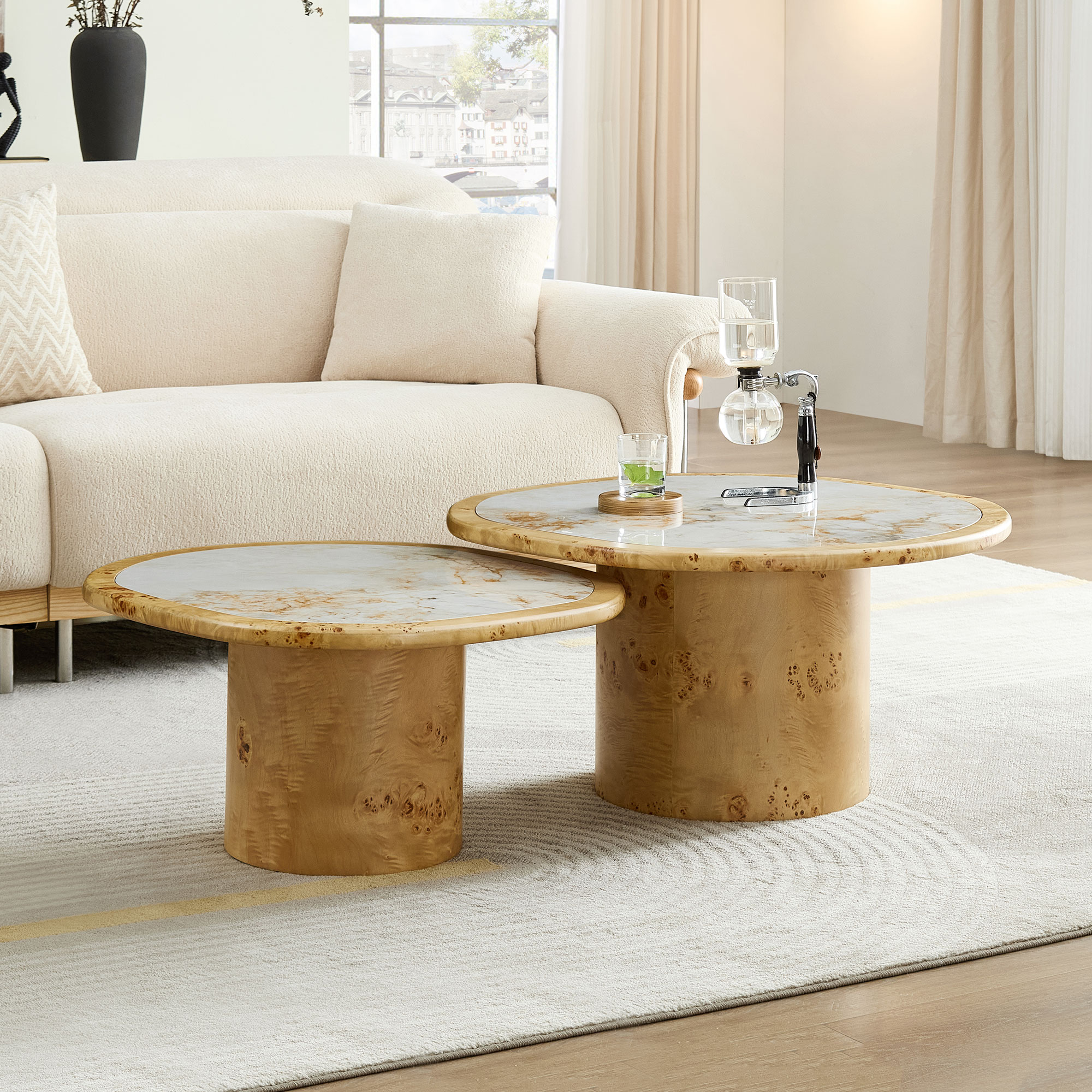 Ensemble table à café 2 pcs, placage noyer, pierre, MDF
