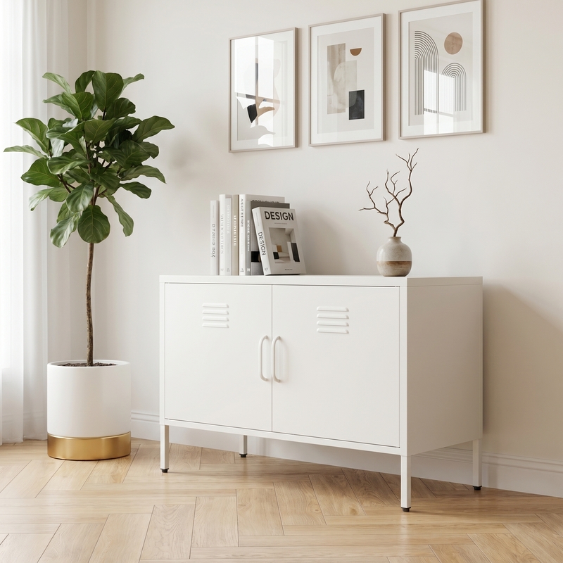 Armoire de rangement métal blanc 2 portes avec jambes et ventilation