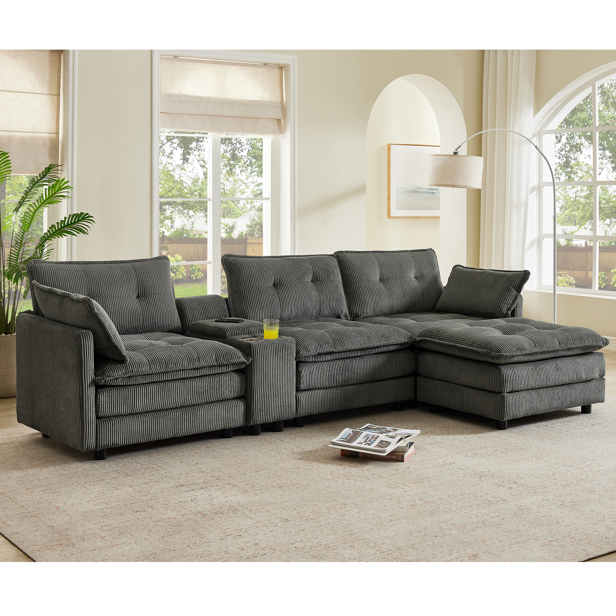 Canapé L corduroy 119po, 4 places, console, gris