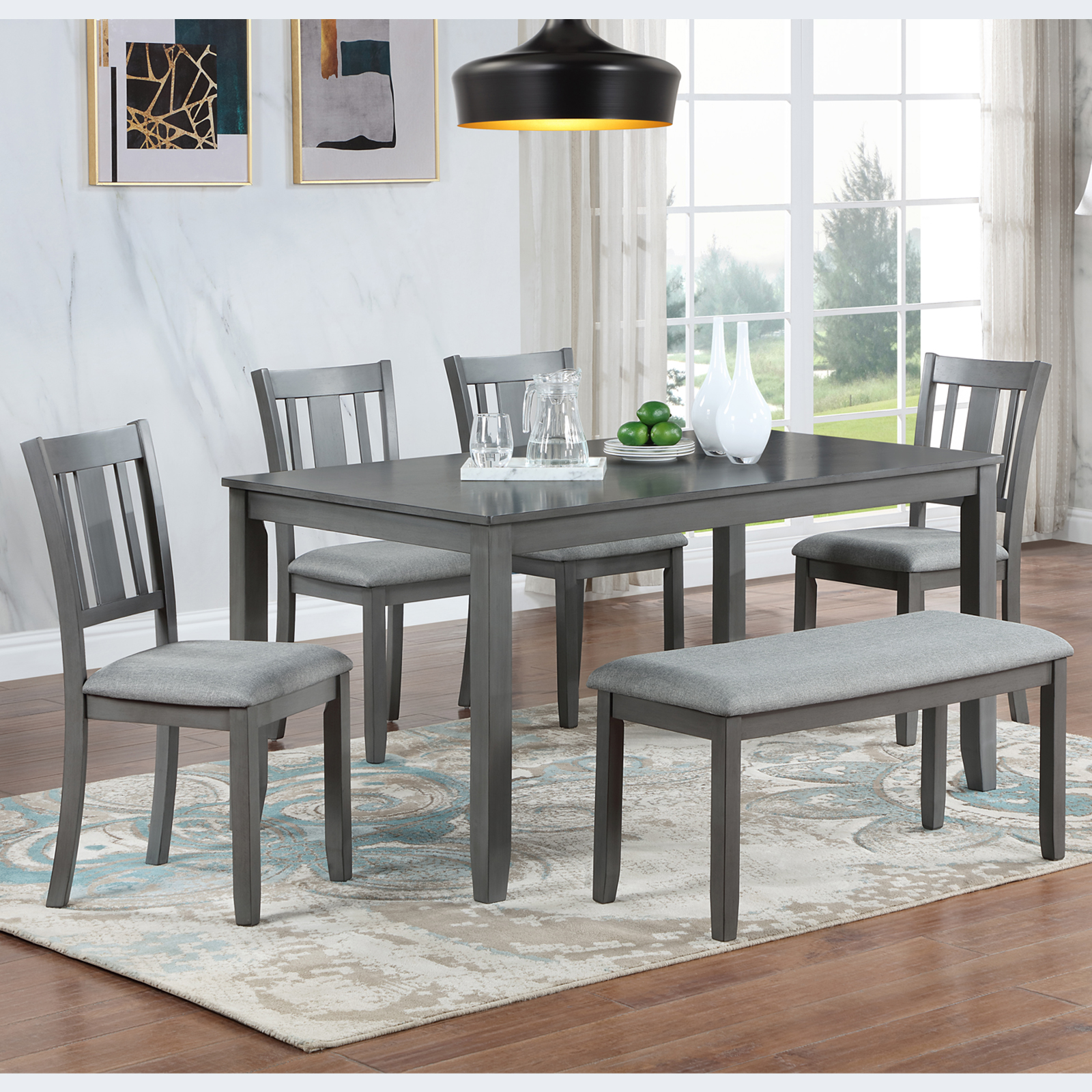 Ensemble cuisine 6 pièces, table rectangulaire, 4 chaises, banc, gris