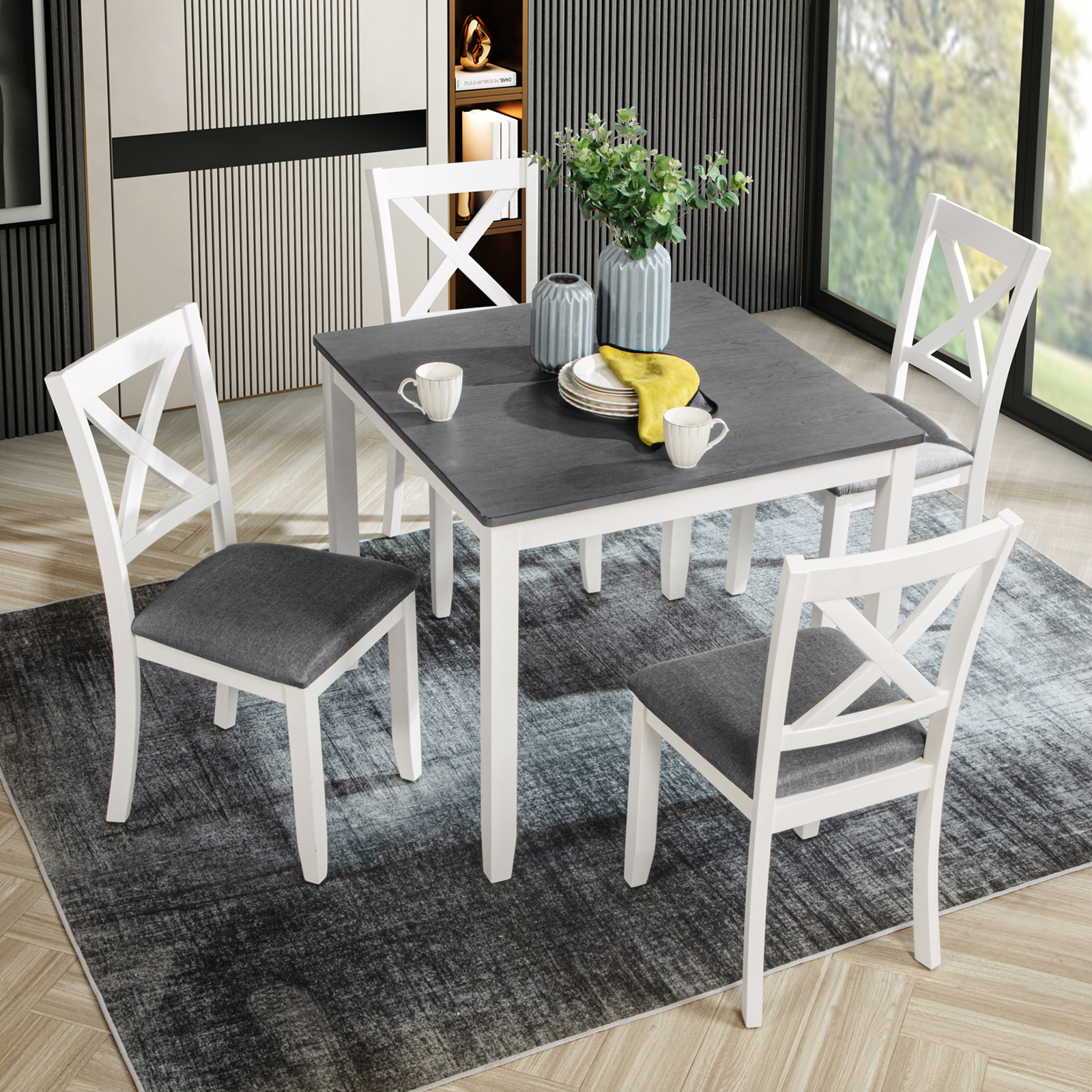 Set salle à manger 5 pièces bois moderne, table 2 tons gris blanc