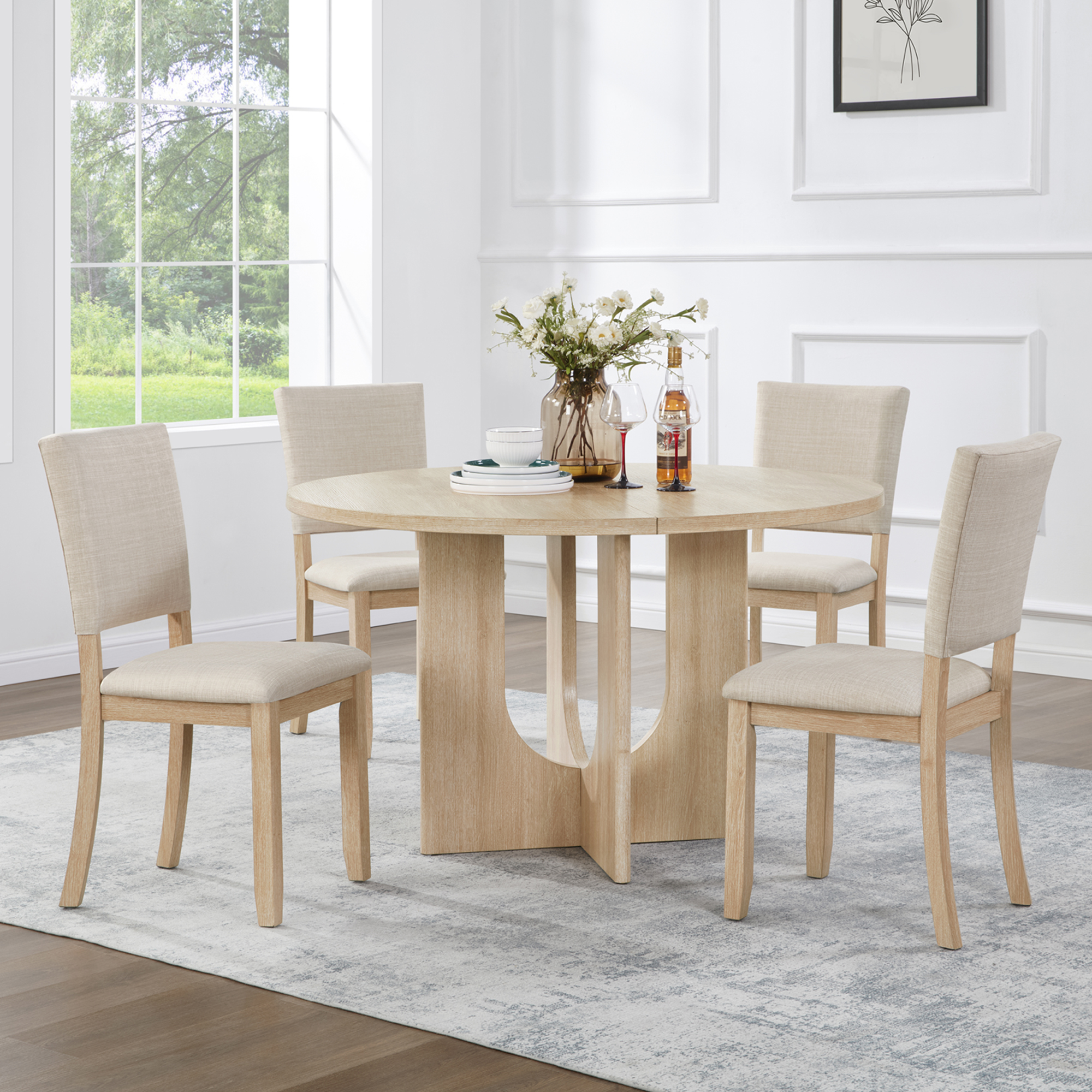 Ensemble salle à manger 47,3" rond 4 chaises, chêne beige