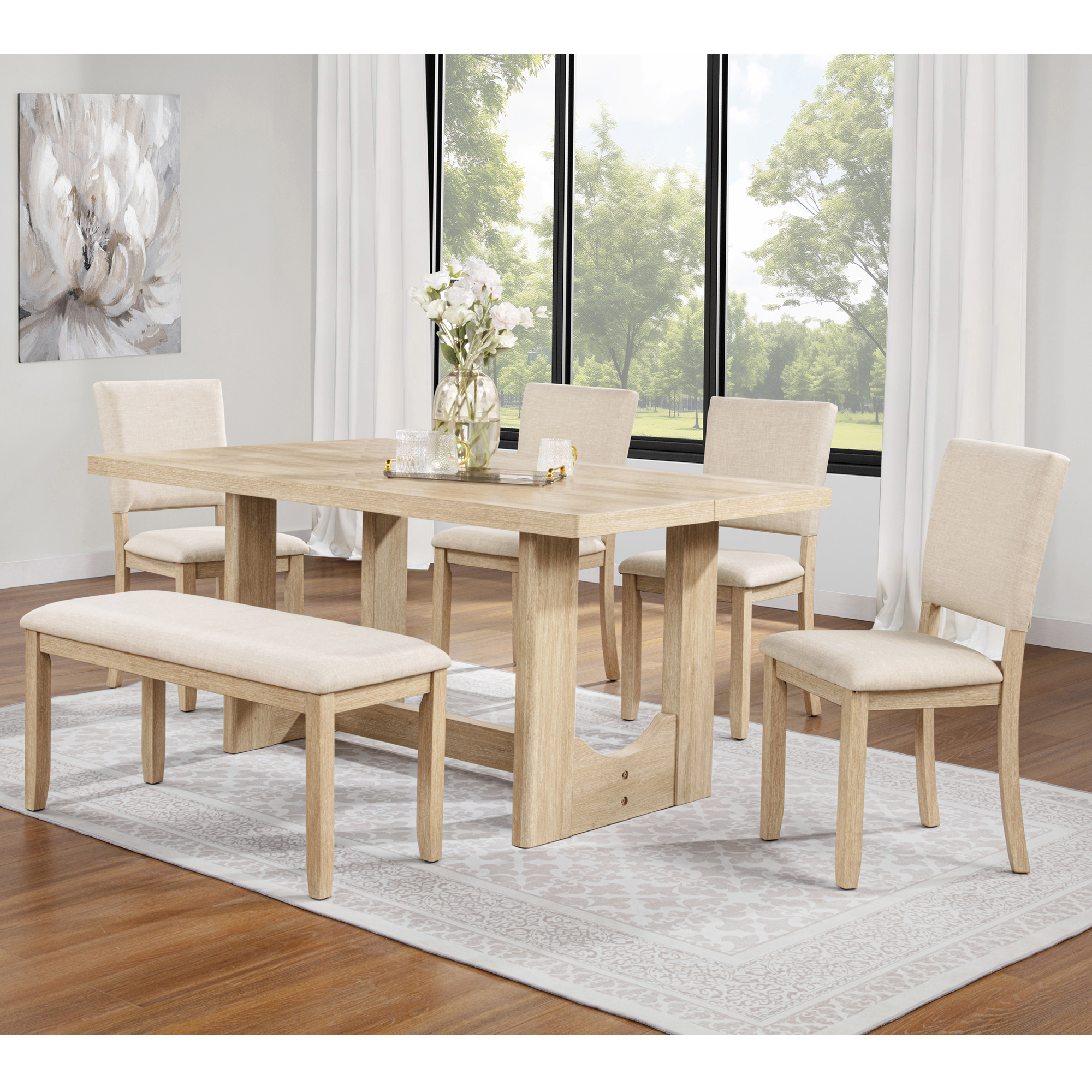 Ensemble 6 table bois banc 4 chaises, chêne clair
