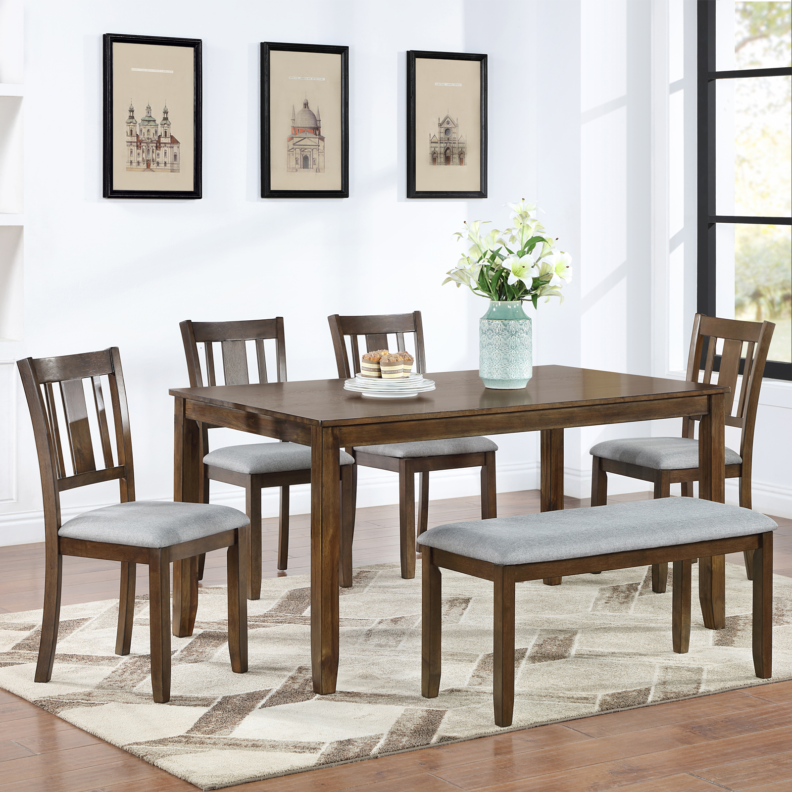 Ensemble cuisine 6 pièces, table rectangulaire, 4 chaises, banc, noyer