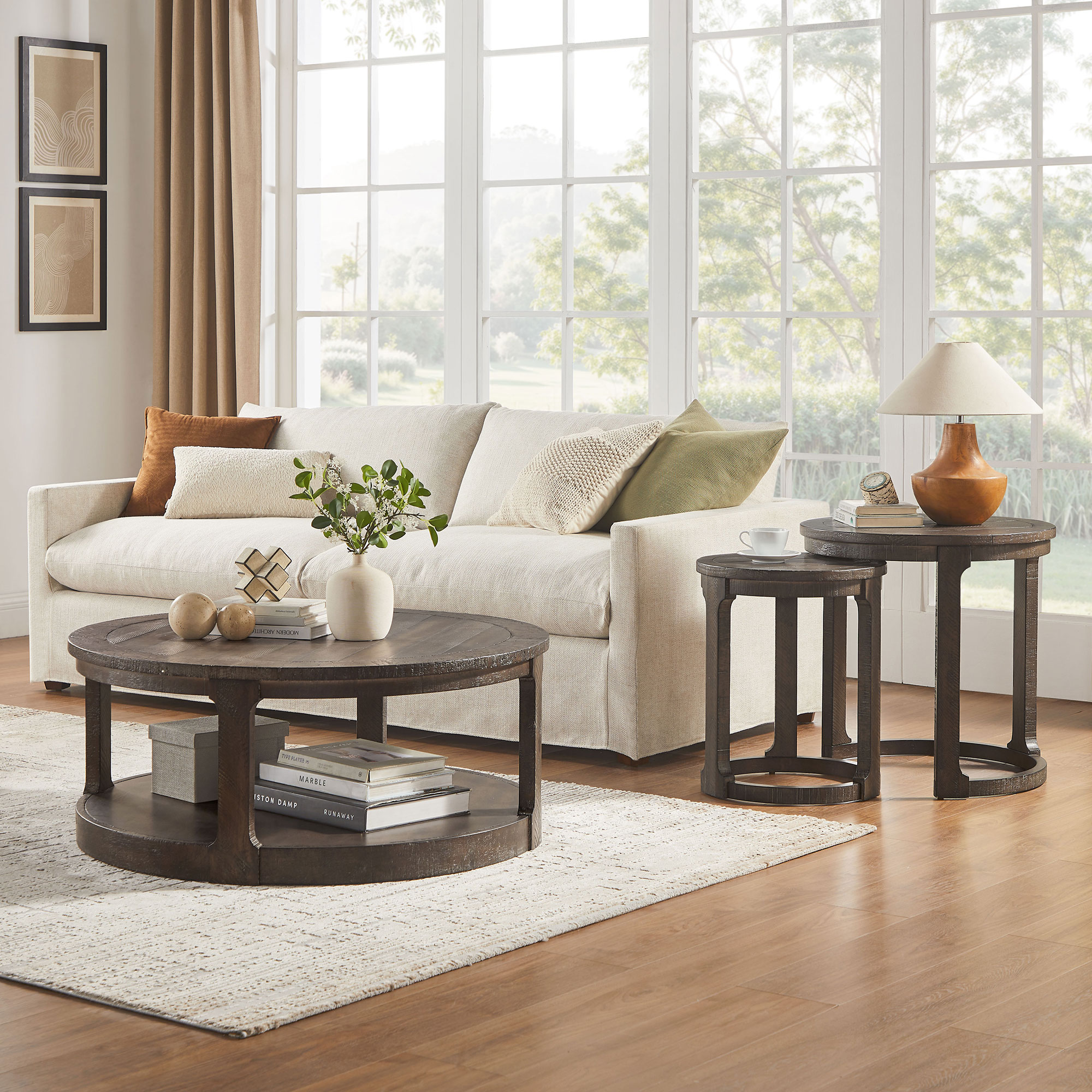 Ensemble table basse+table d'appoint bois rond 2 étages style rustique
