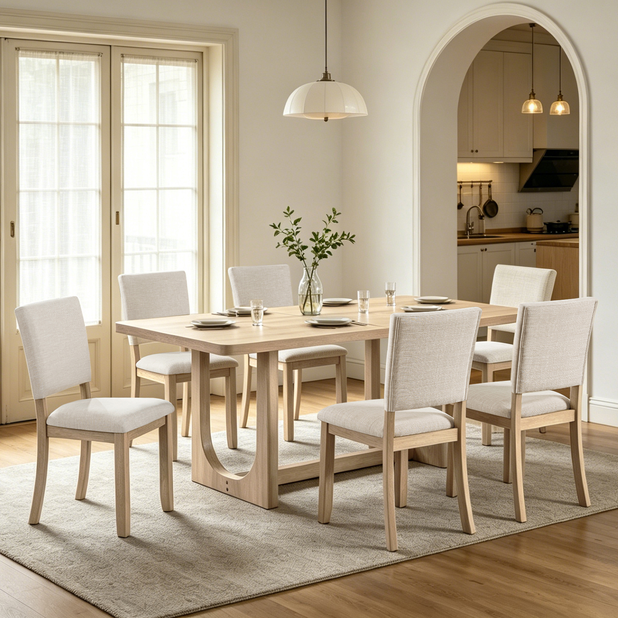 Ensemble salle à manger 7 pièces, table 68po, 6 chaises, bois naturel