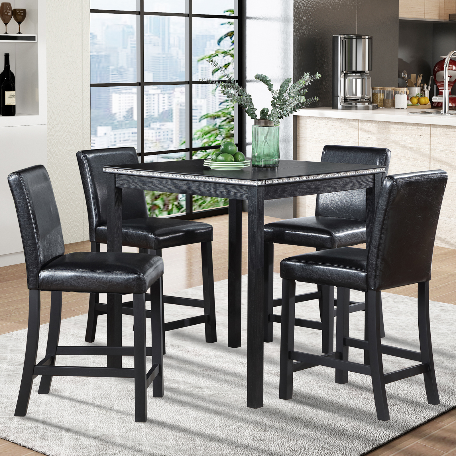 Ens. 5 pièces table comptoir noir, 4 chaises capitonnées